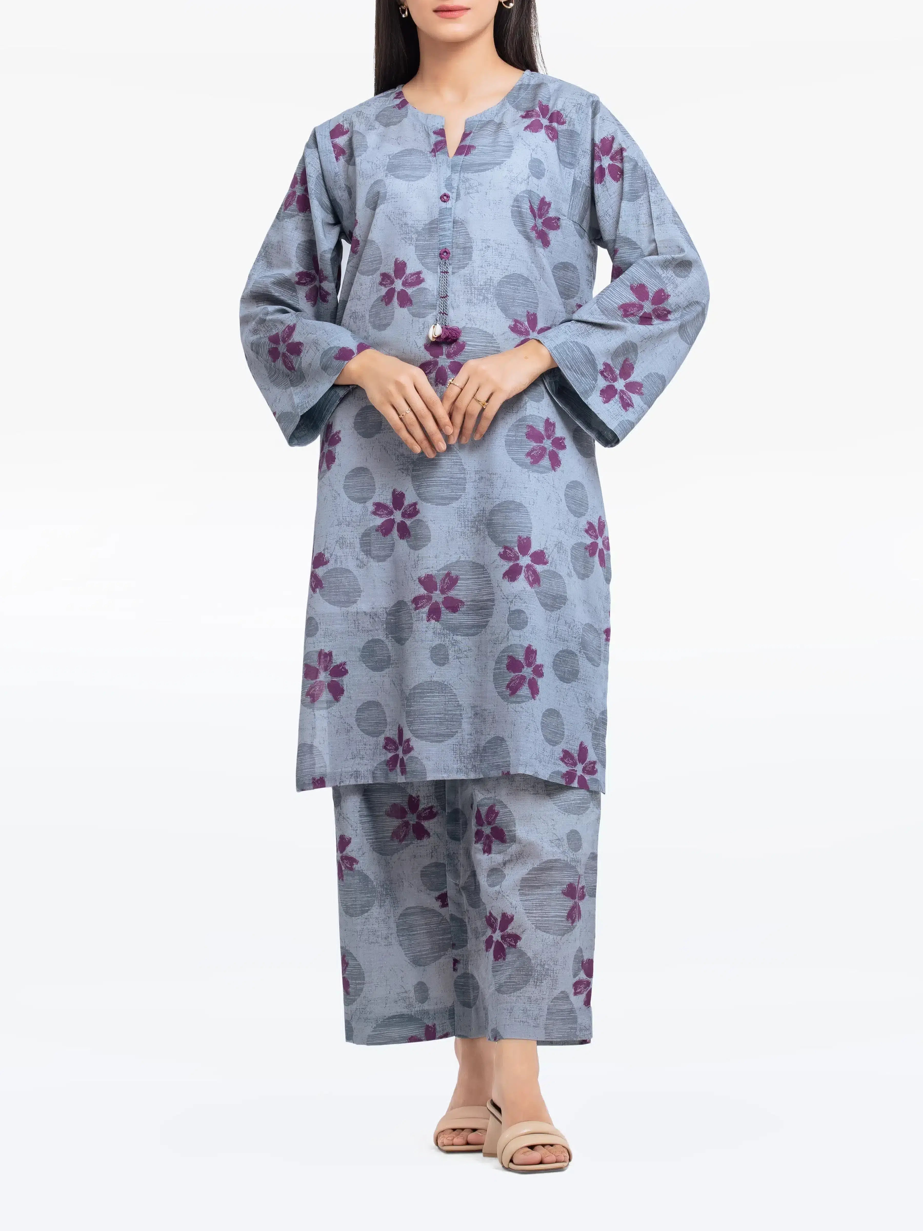 Edenrobe Pret 2Pc Printed Khaddar Co-Ord Set in Grey with Purple Floral Design