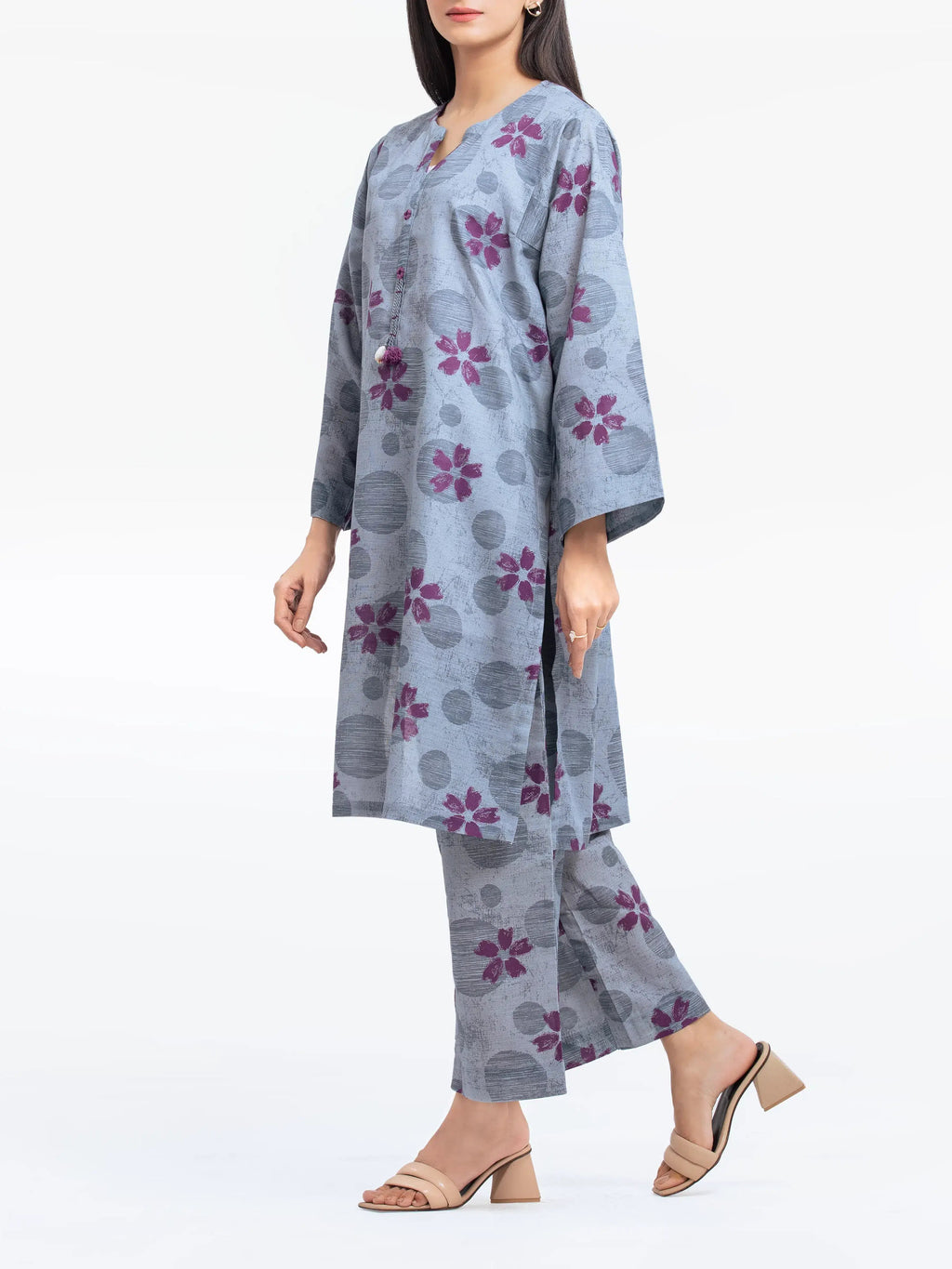 Edenrobe Pret 2Pc Printed Khaddar Co-Ord Set in Grey with Purple Floral Design