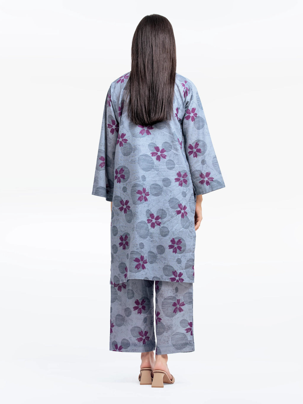 Edenrobe Pret 2Pc Printed Khaddar Co-Ord Set in Grey with Purple Floral Design