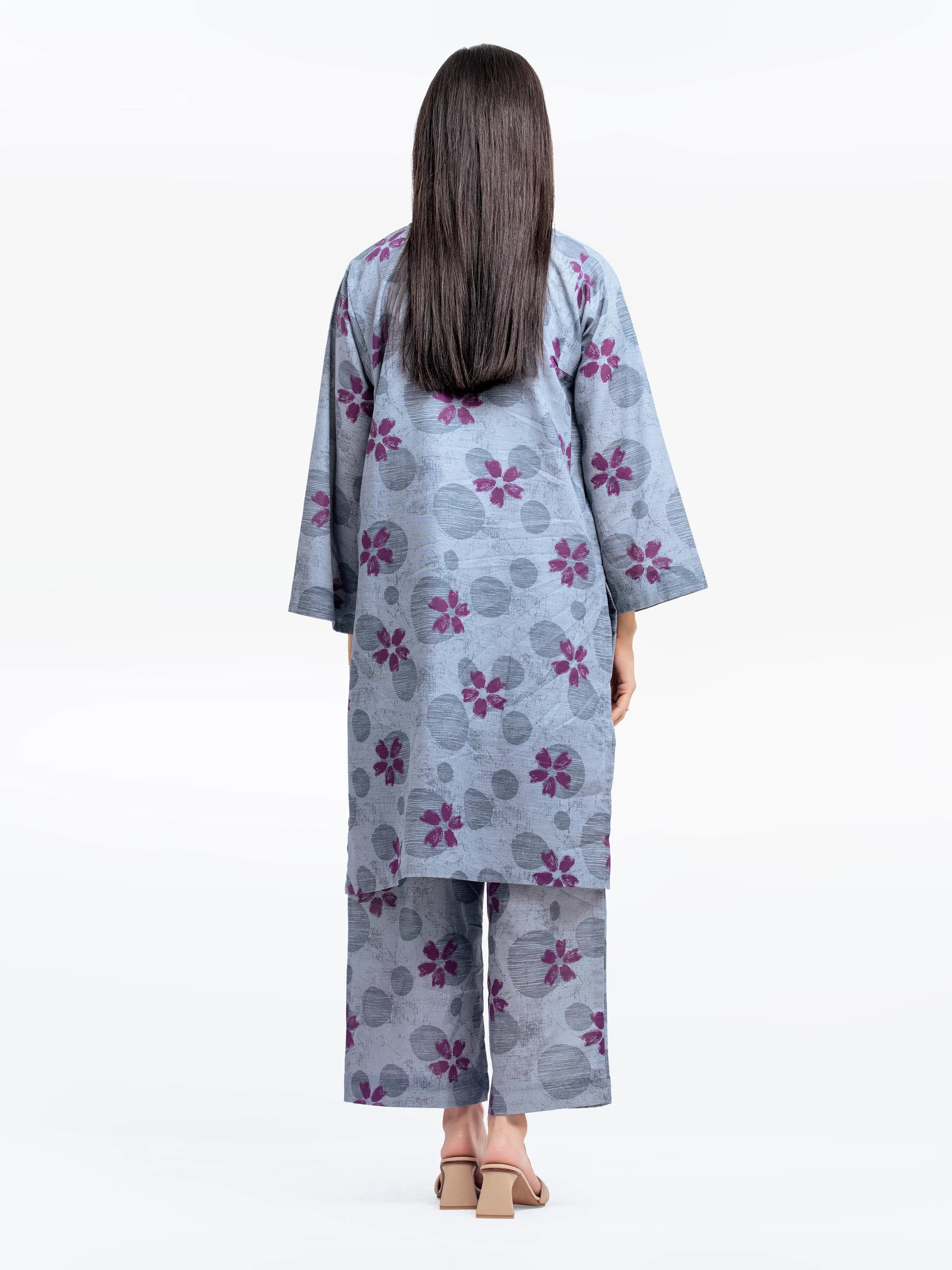 Edenrobe Pret 2Pc Printed Khaddar Co-Ord Set in Grey with Purple Floral Design