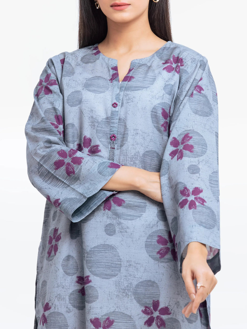 Edenrobe Pret 2Pc Printed Khaddar Co-Ord Set in Grey with Purple Floral Design