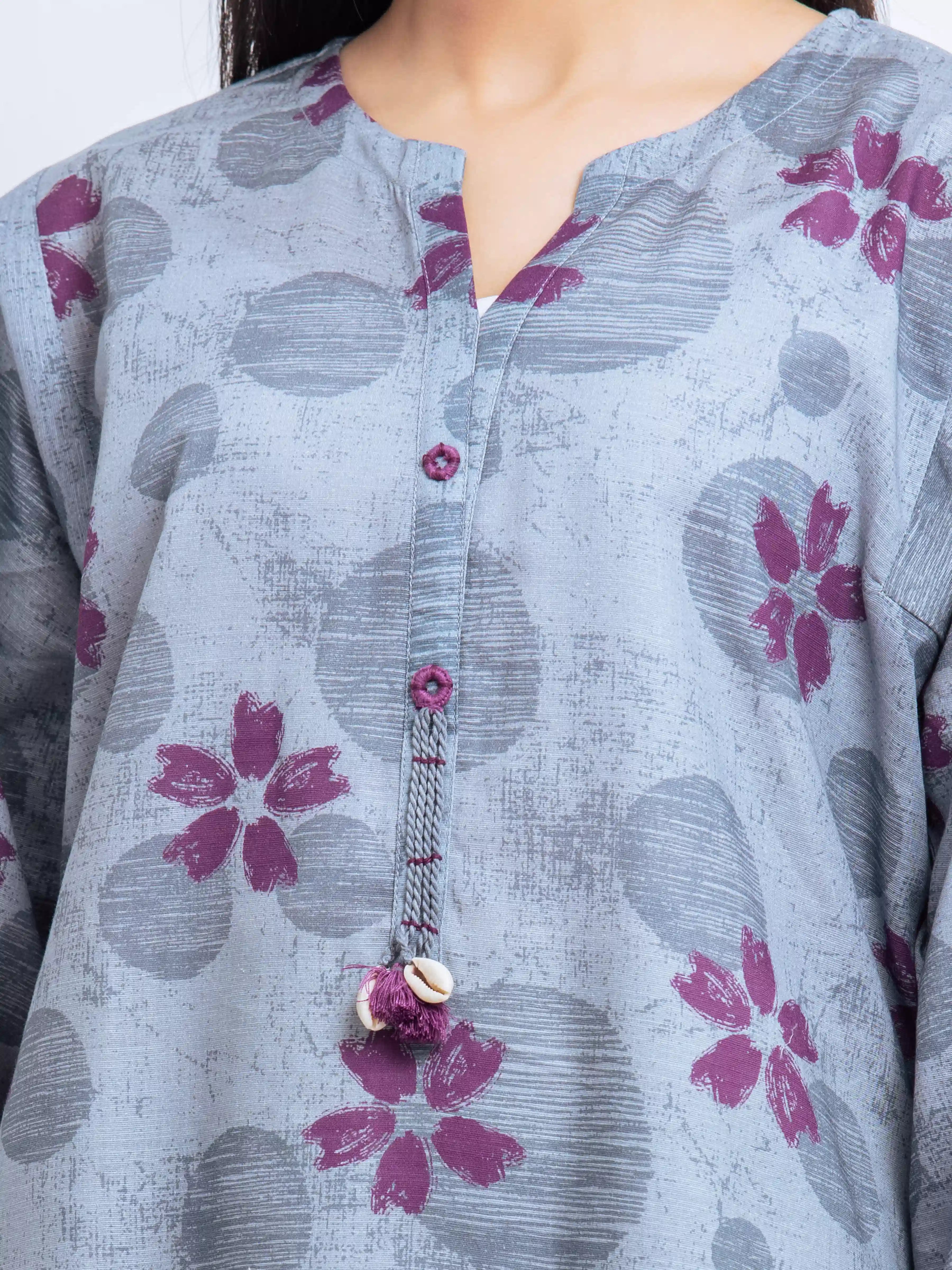 Edenrobe Pret 2Pc Printed Khaddar Co-Ord Set in Grey with Purple Floral Design