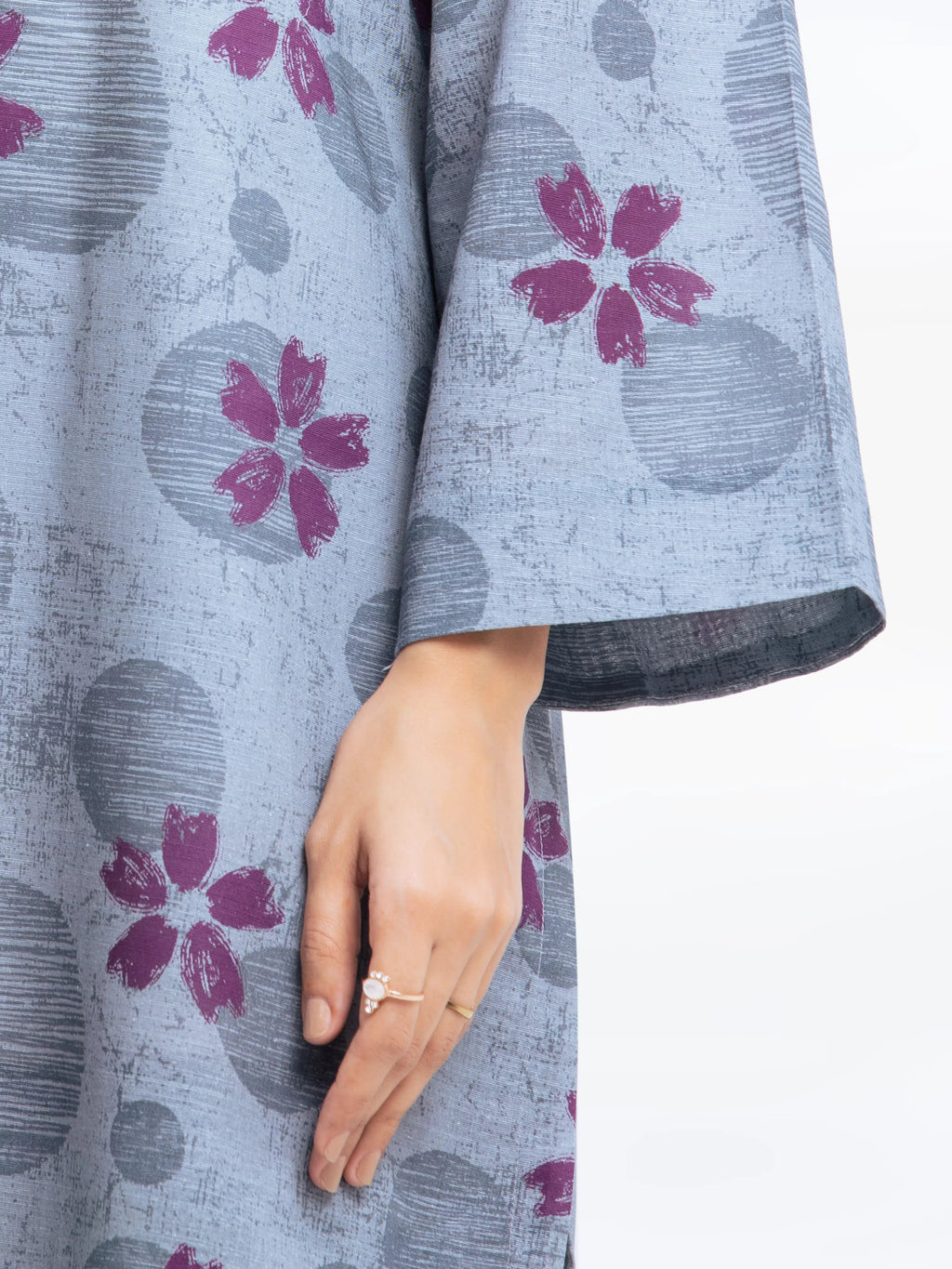 Edenrobe Pret 2Pc Printed Khaddar Co-Ord Set in Grey with Purple Floral Design