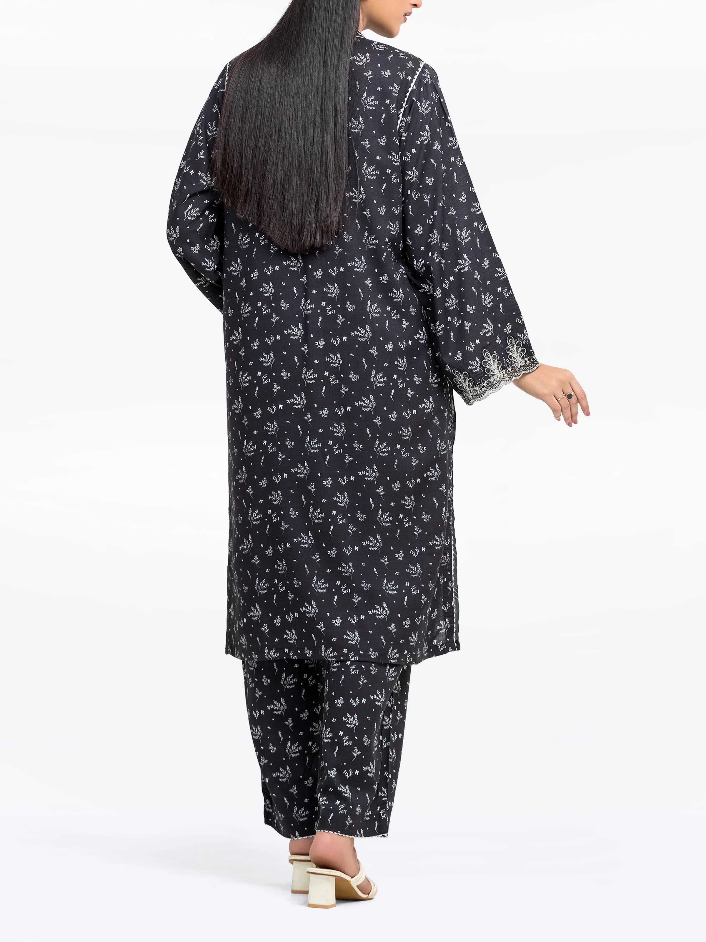 Edenrobe Pret 2Pc Embroidered Raw Silk Shirt Trouser in Black