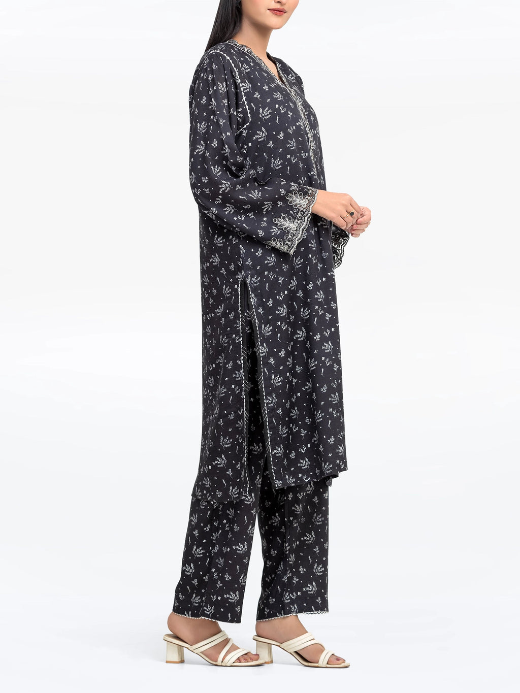 Edenrobe Pret 2Pc Embroidered Raw Silk Shirt Trouser in Black