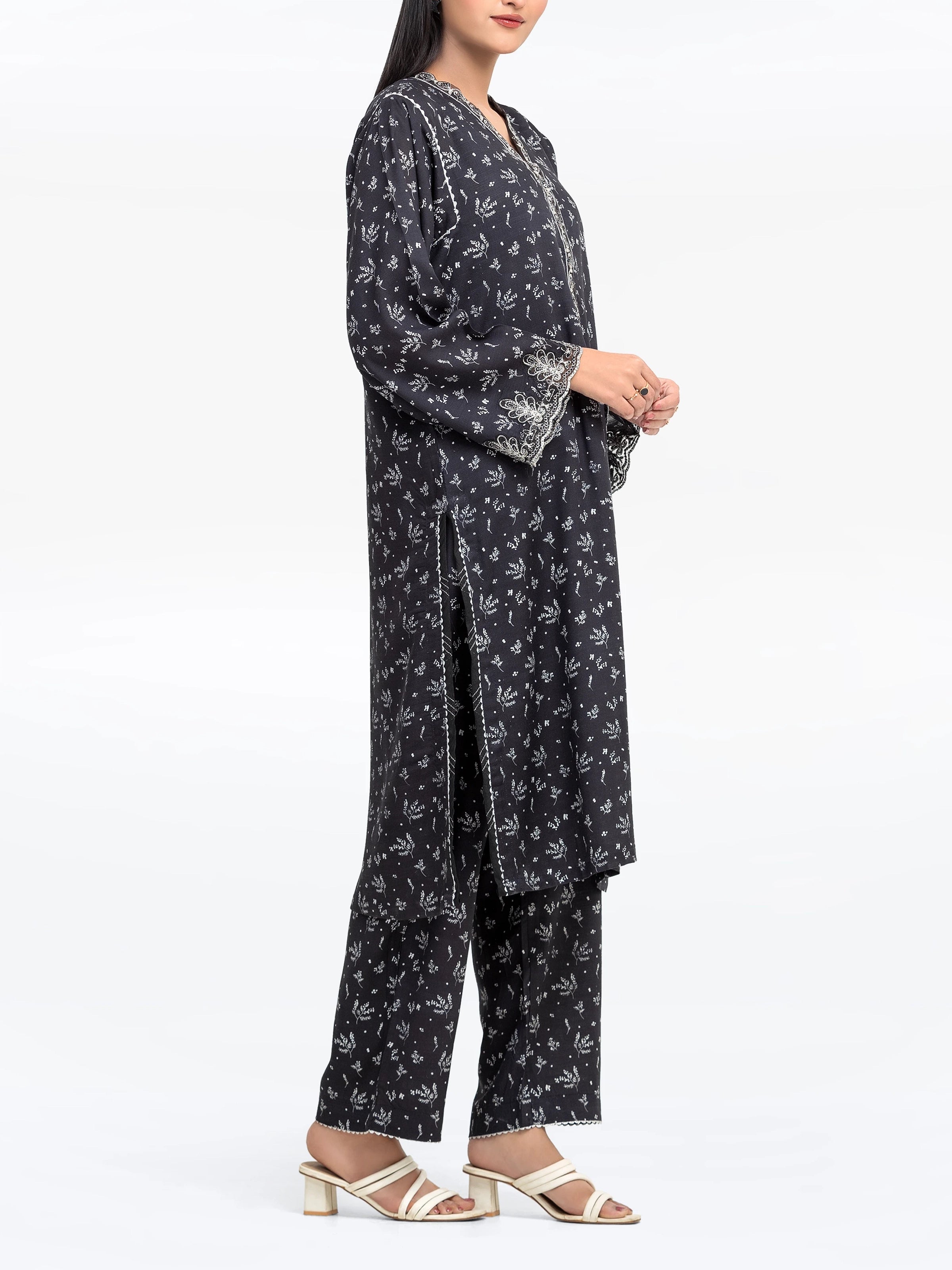 Edenrobe Pret 2Pc Embroidered Raw Silk Shirt Trouser in Black