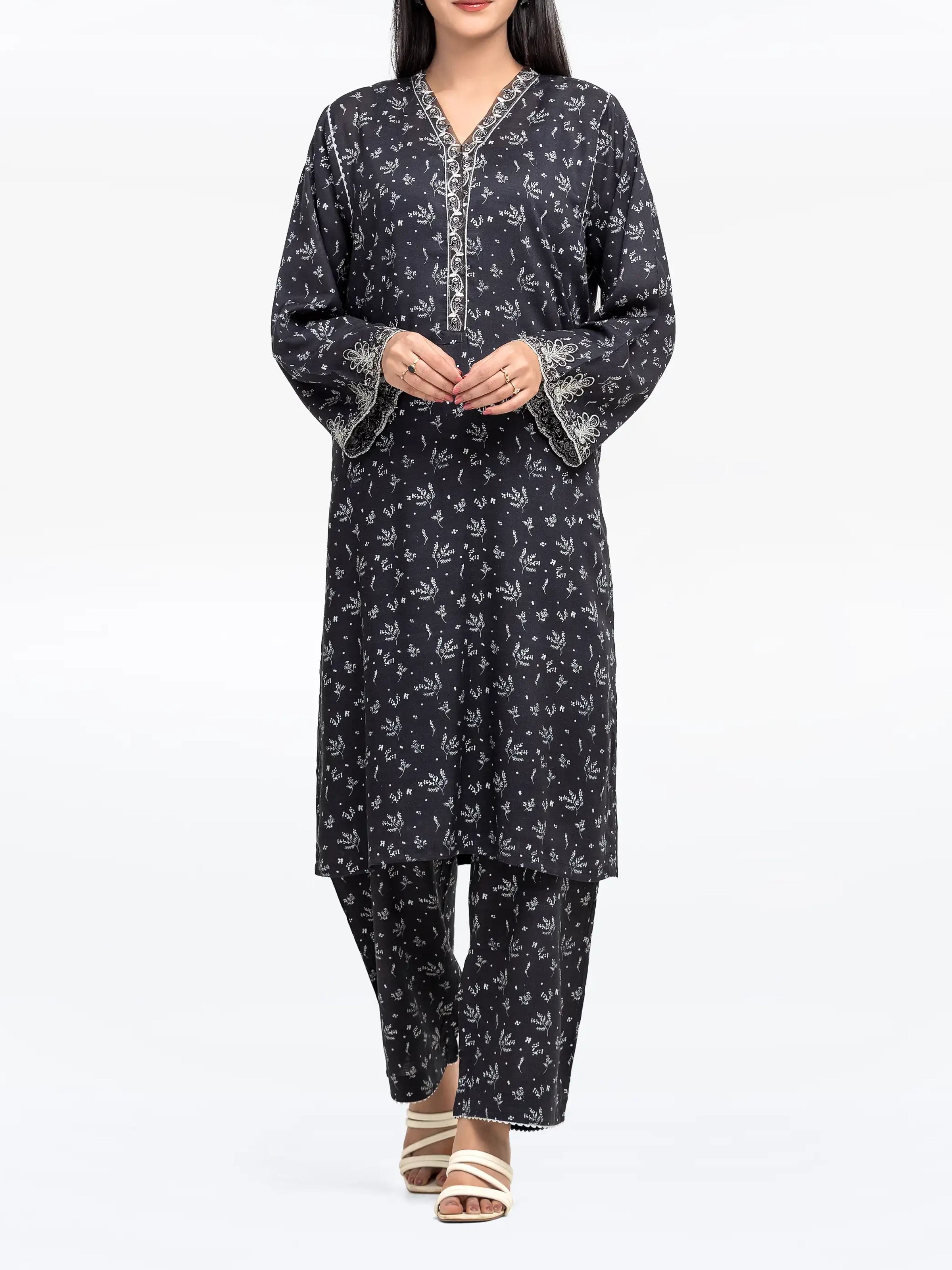 Edenrobe Pret 2Pc Embroidered Raw Silk Shirt Trouser in Black