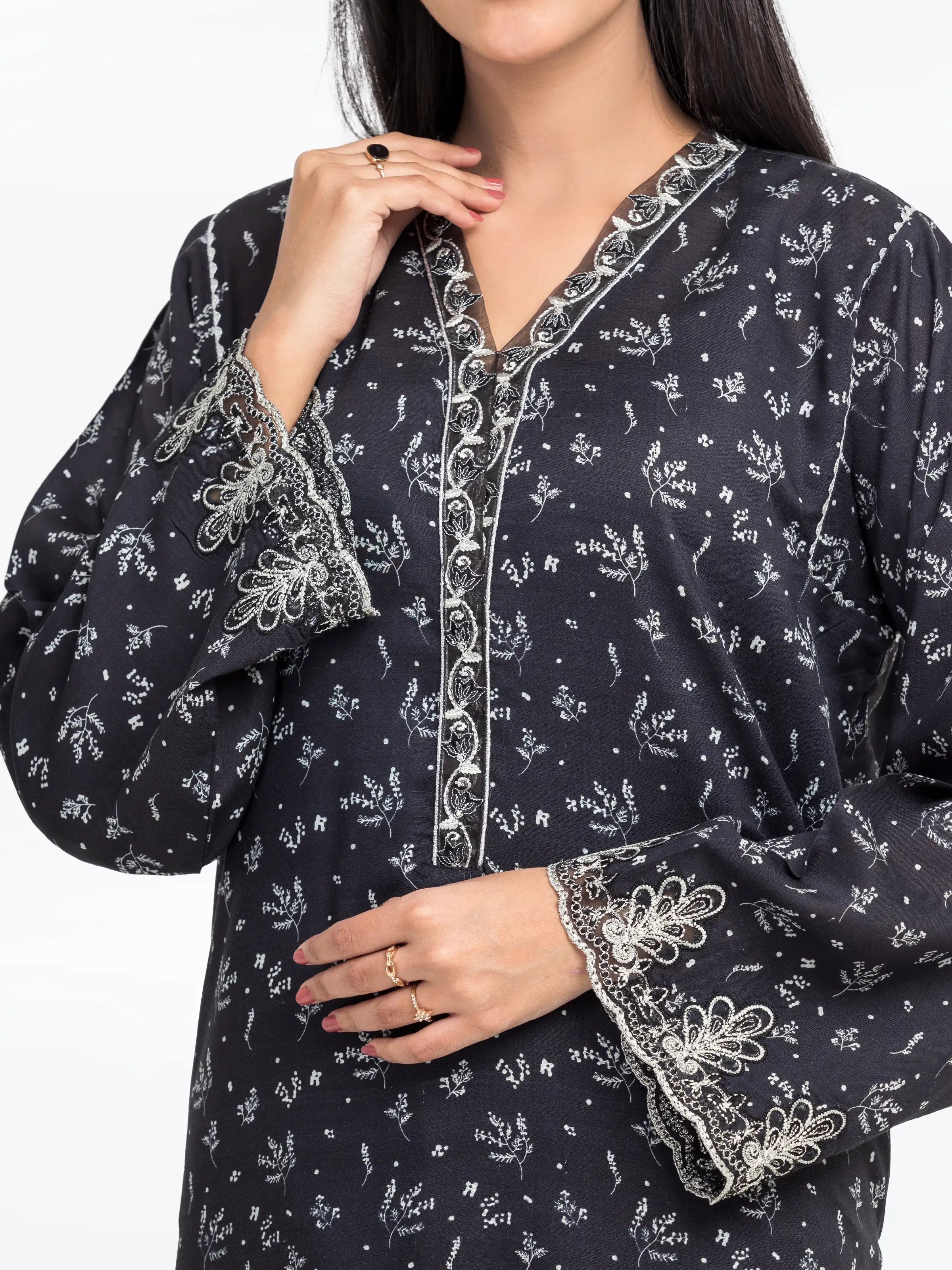 Edenrobe Pret 2Pc Embroidered Raw Silk Shirt Trouser in Black