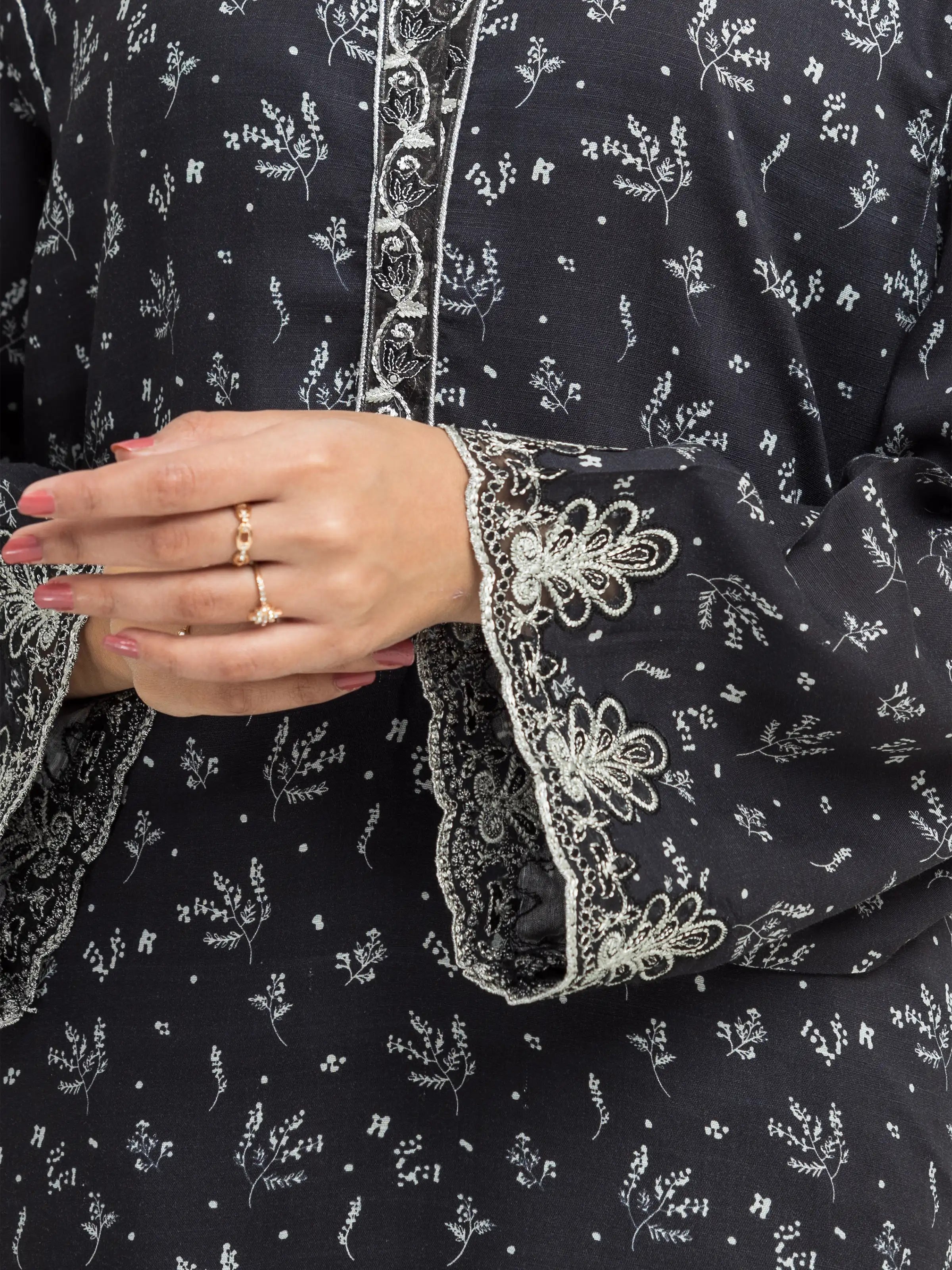 Edenrobe Pret 2Pc Embroidered Raw Silk Shirt Trouser in Black