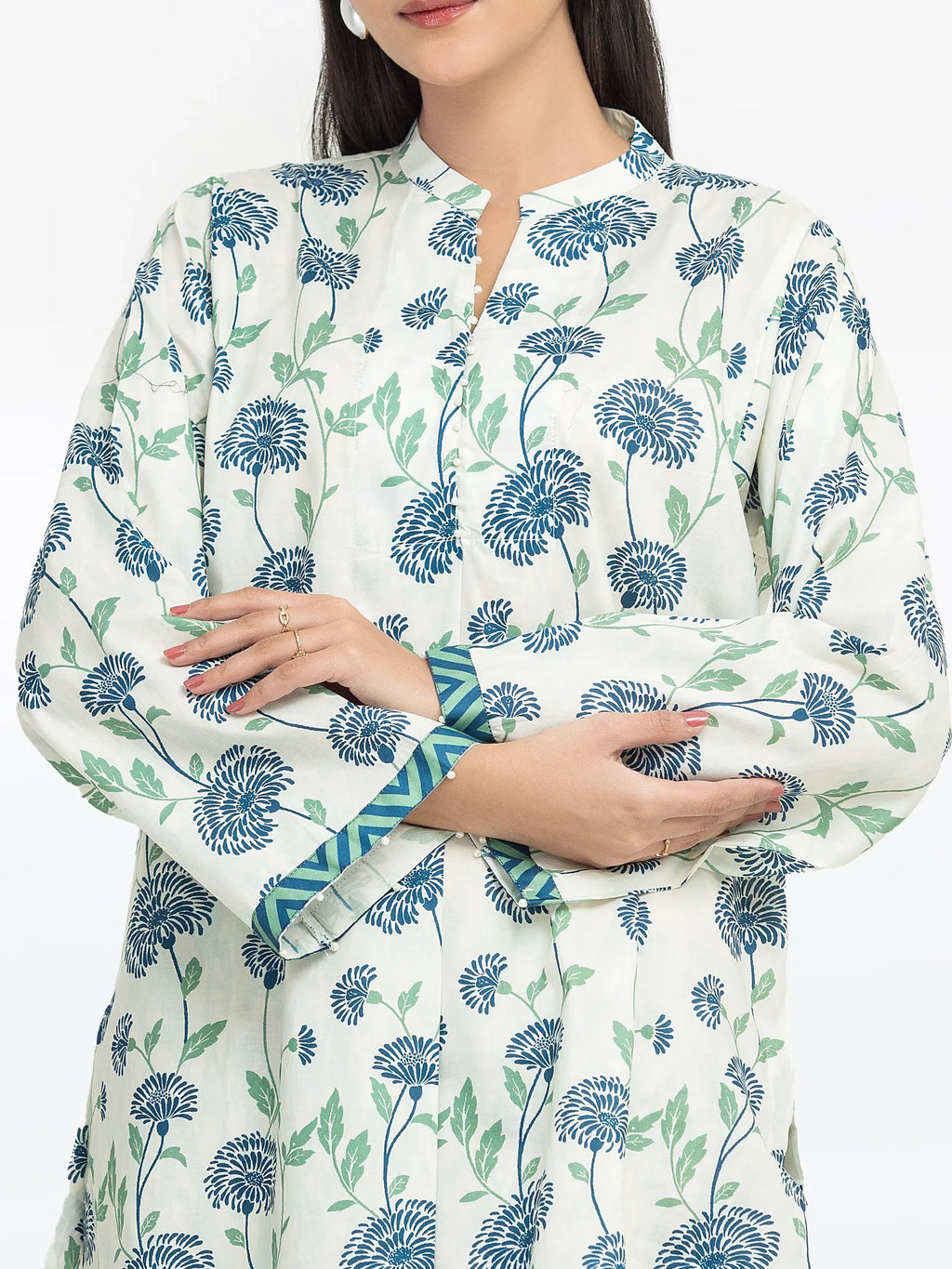 Edenrobe Pret 2Pc Printed Cambric Co-Ord Set in Green & Blue Floral Design