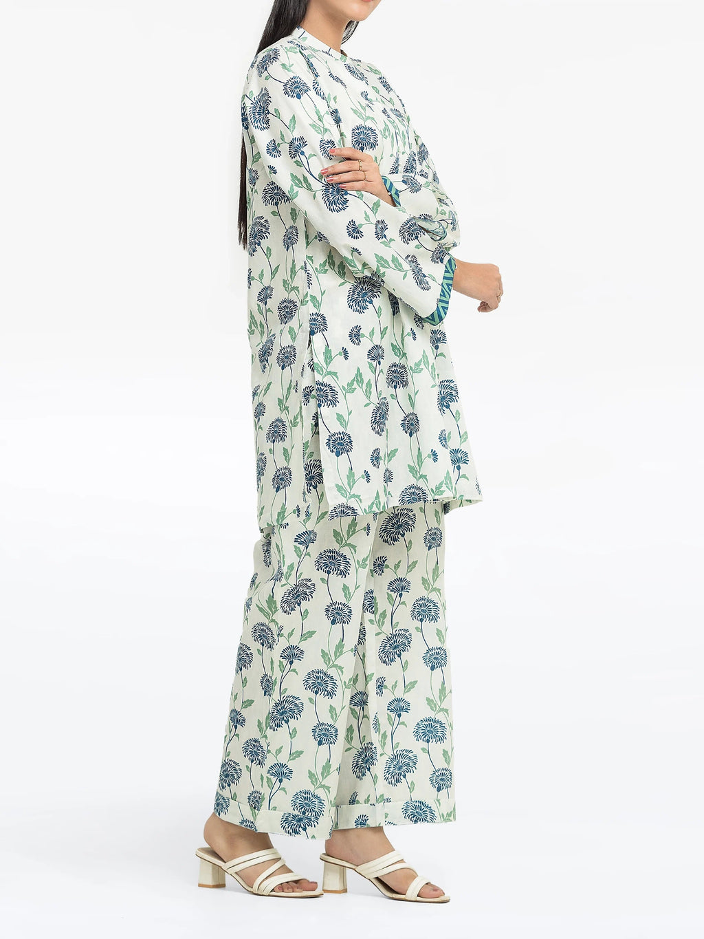 Edenrobe Pret 2Pc Printed Cambric Co-Ord Set in Green & Blue Floral Design