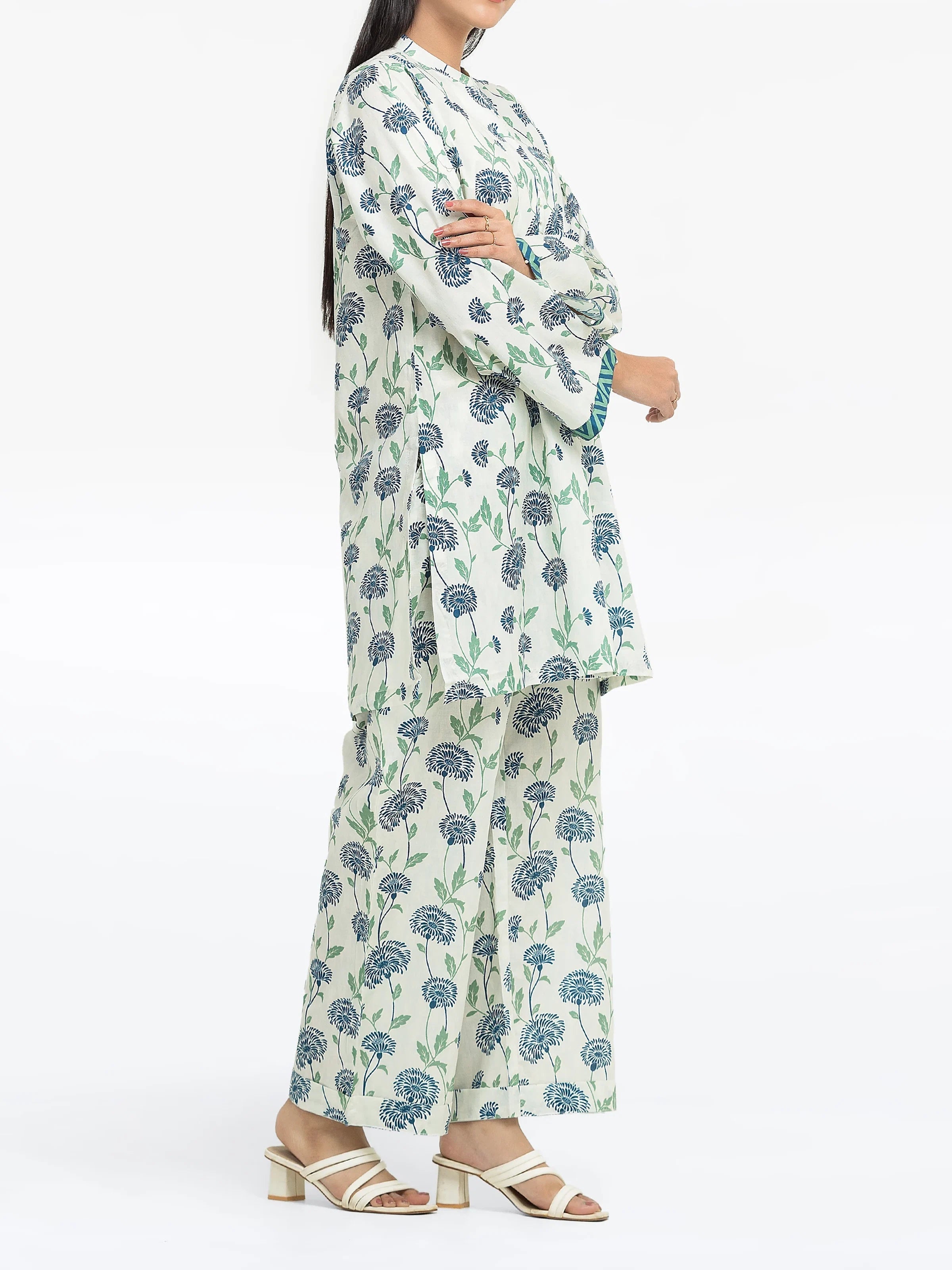 Edenrobe Pret 2Pc Printed Cambric Co-Ord Set in Green & Blue Floral Design