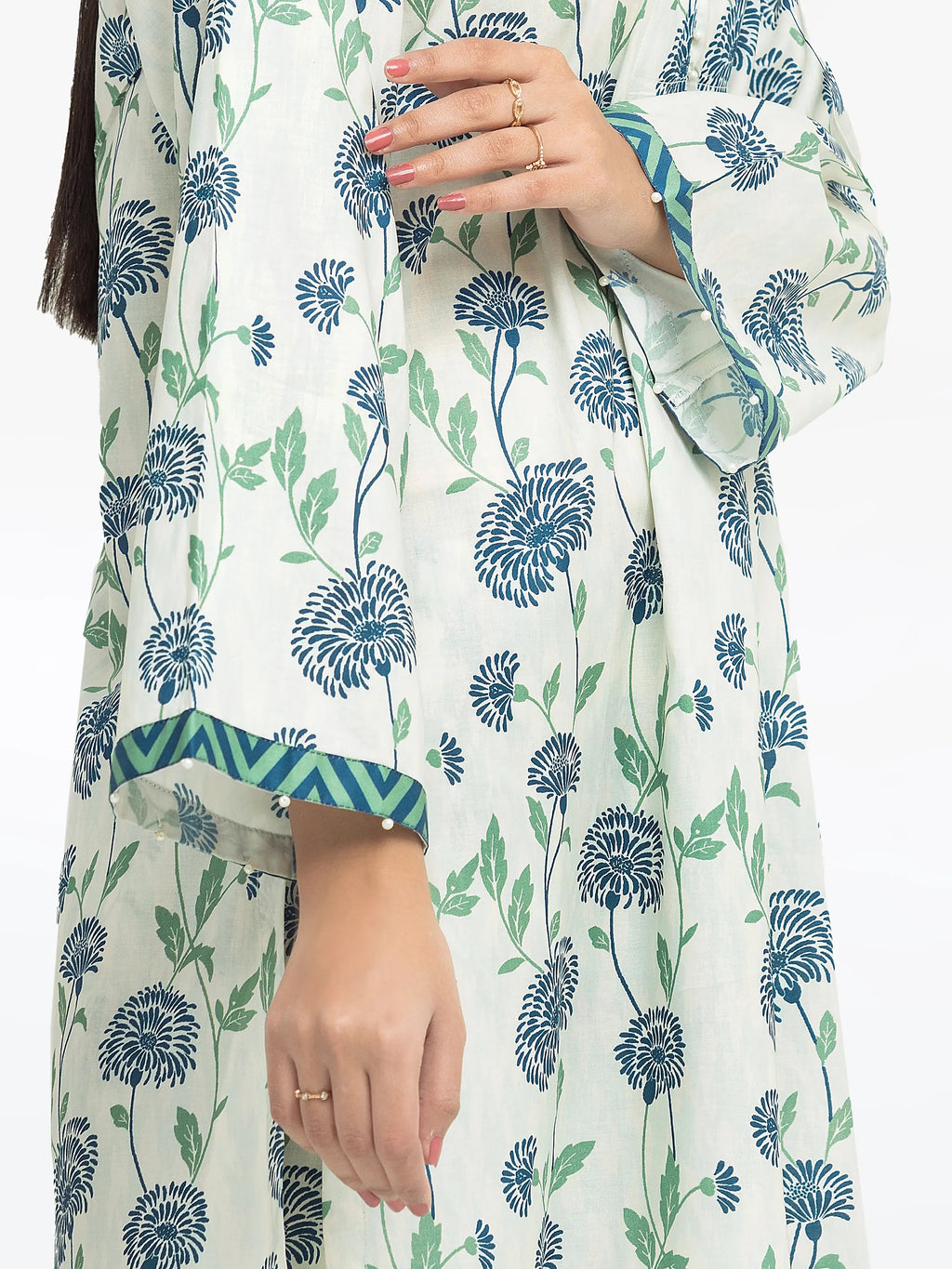 Edenrobe Pret 2Pc Printed Cambric Co-Ord Set in Green & Blue Floral Design