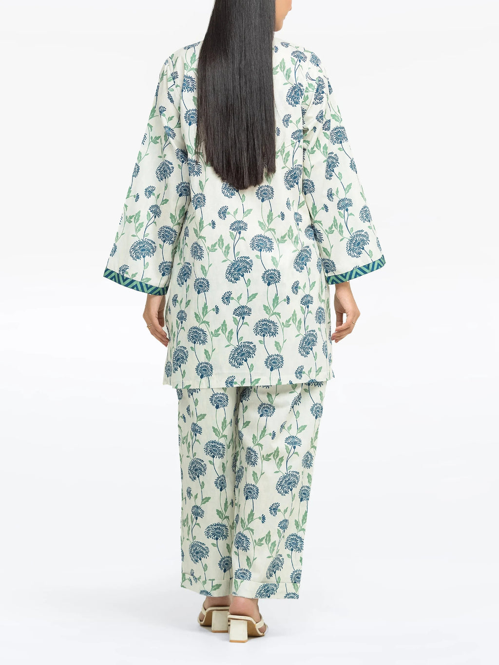 Edenrobe Pret 2Pc Printed Cambric Co-Ord Set in Green & Blue Floral Design