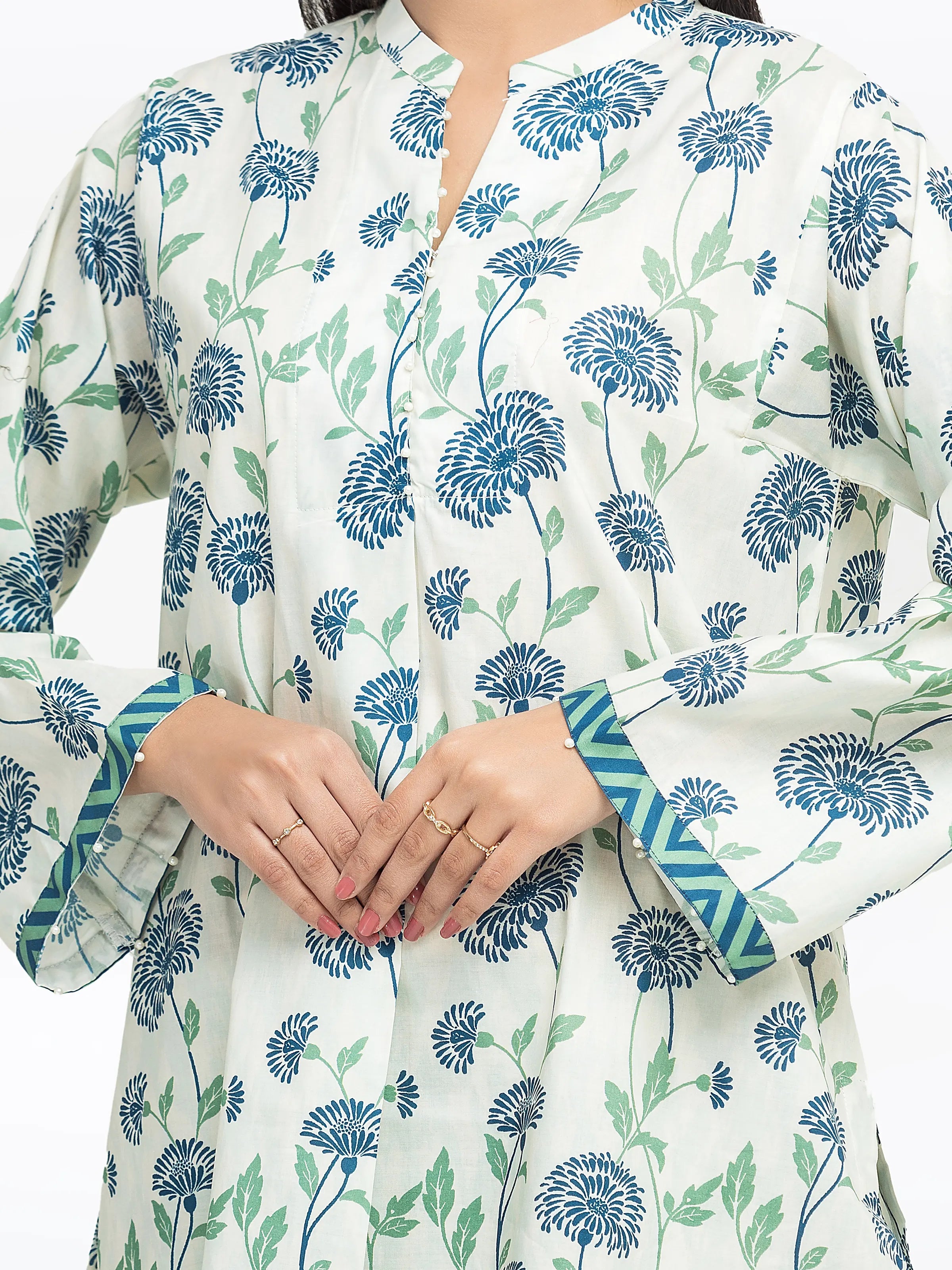 Edenrobe Pret 2Pc Printed Cambric Co-Ord Set in Green & Blue Floral Design