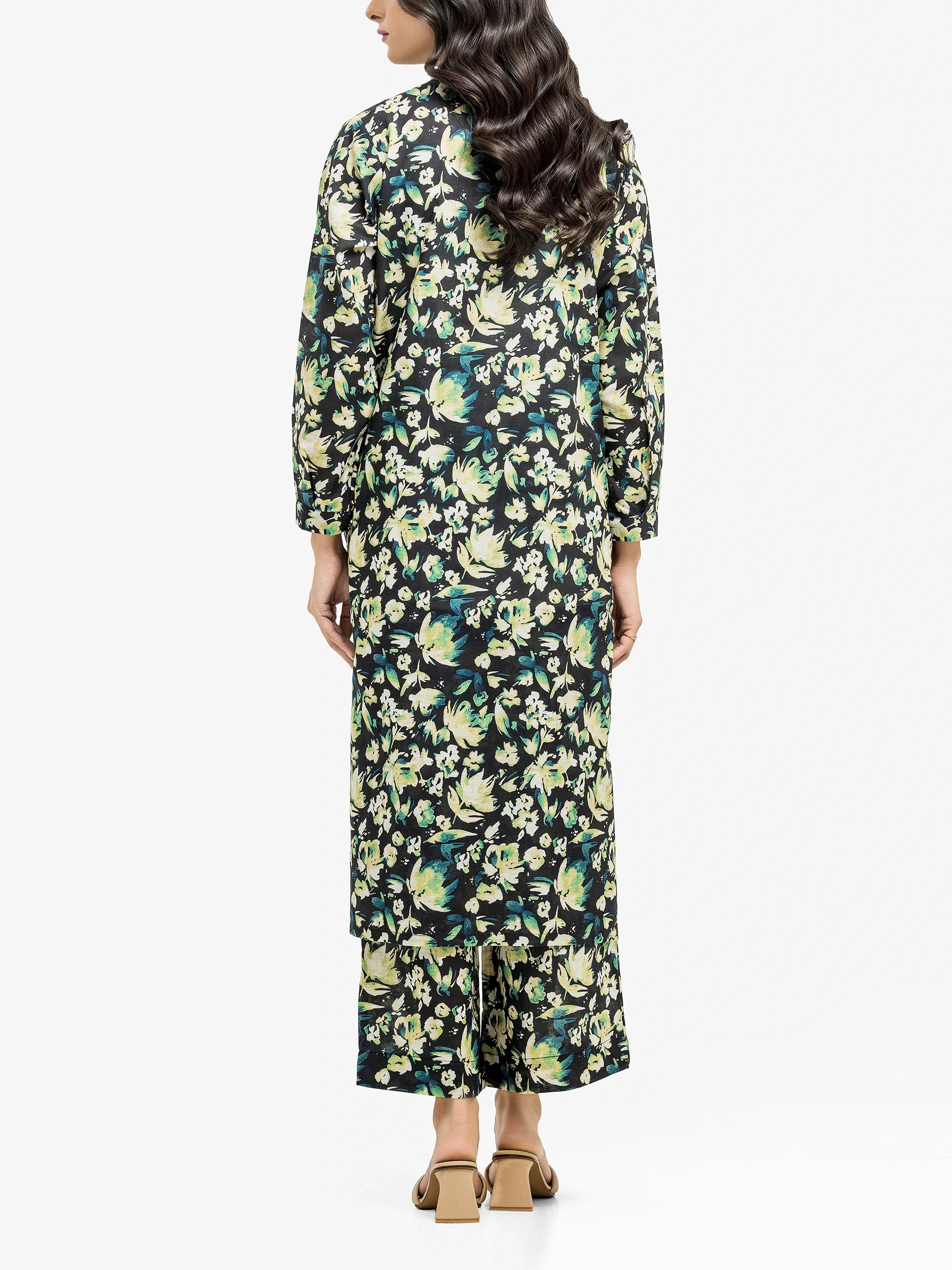 Edenrobe Pret 2Pc Printed Khaddar Co-Ord Set in Green Floral Design