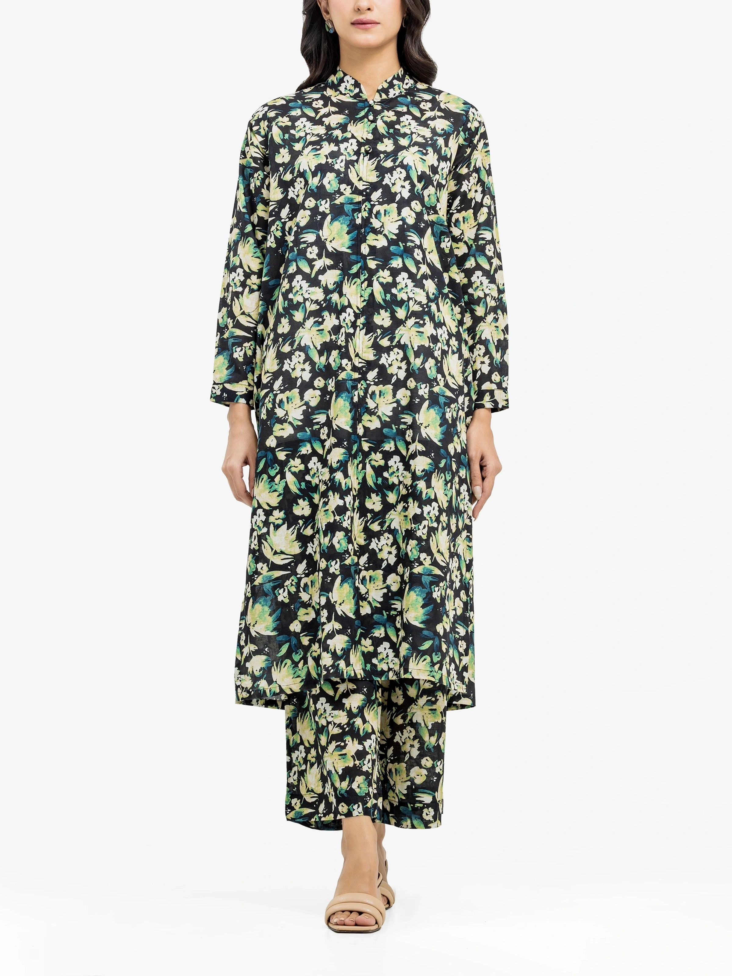 Edenrobe Pret 2Pc Printed Khaddar Co-Ord Set in Green Floral Design