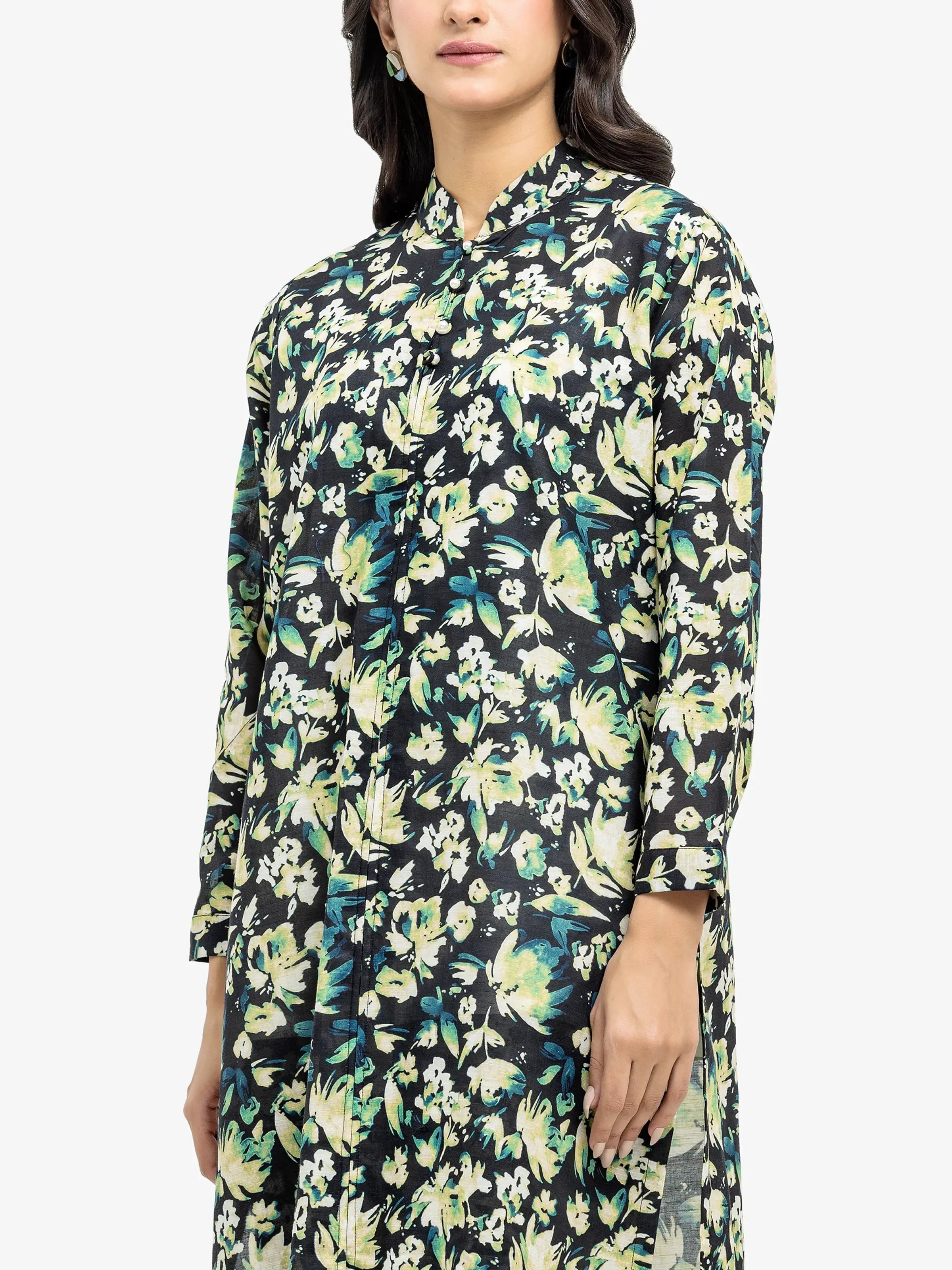 Edenrobe Pret 2Pc Printed Khaddar Co-Ord Set in Green Floral Design