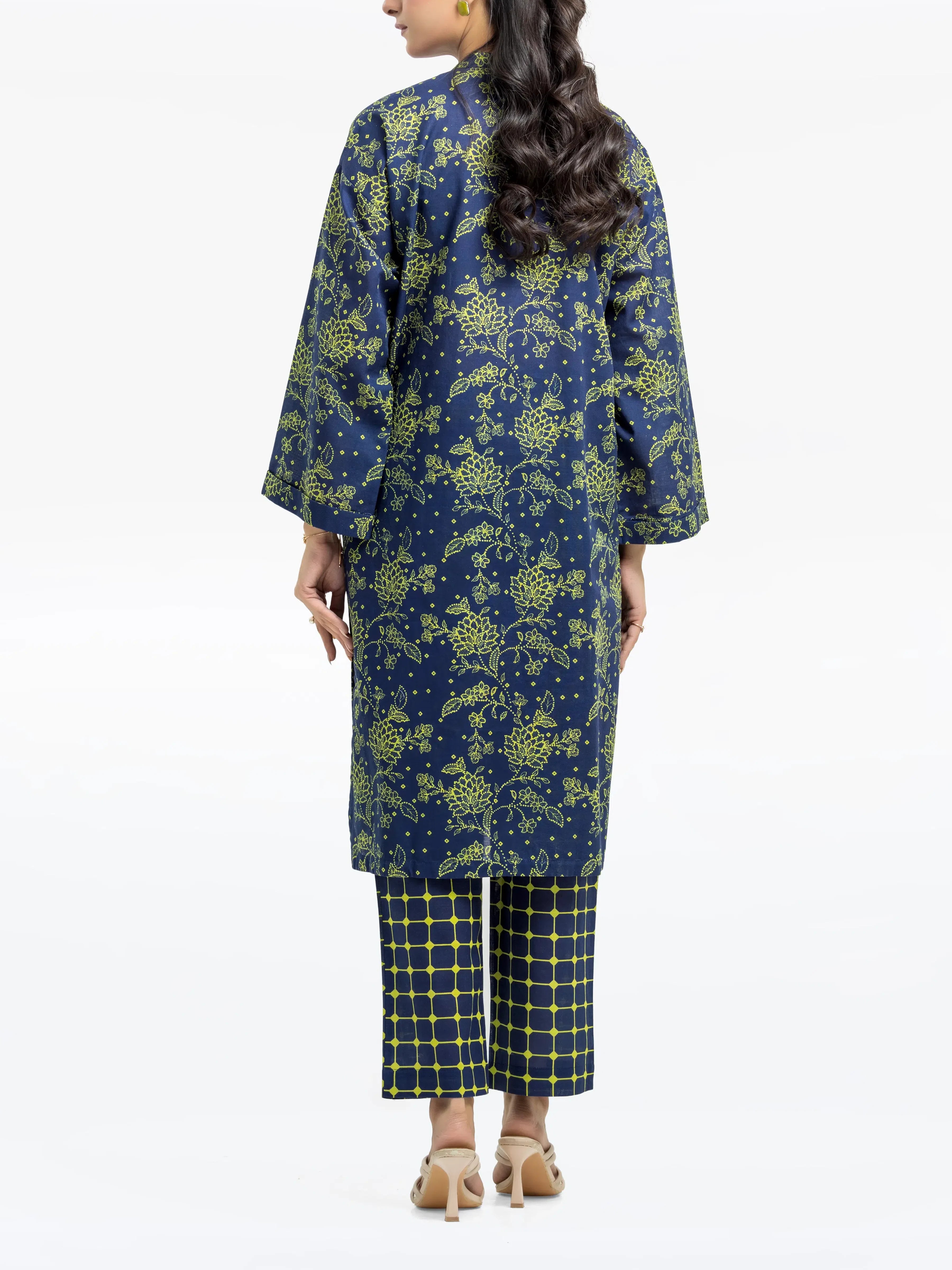 Edenrobe Pret 2Pc Printed Khaddar Co-Ord Set in Navy Blue with Green Floral Design