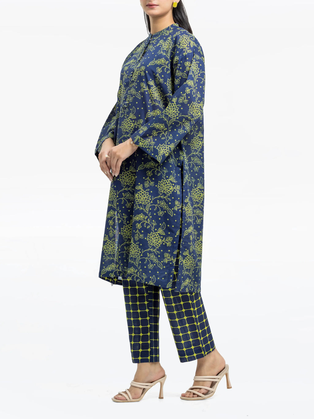 Edenrobe Pret 2Pc Printed Khaddar Co-Ord Set in Navy Blue with Green Floral Design