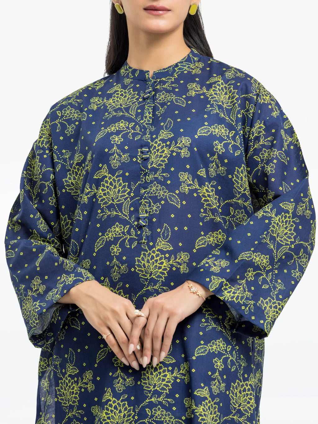 Edenrobe Pret 2Pc Printed Khaddar Co-Ord Set in Navy Blue with Green Floral Design