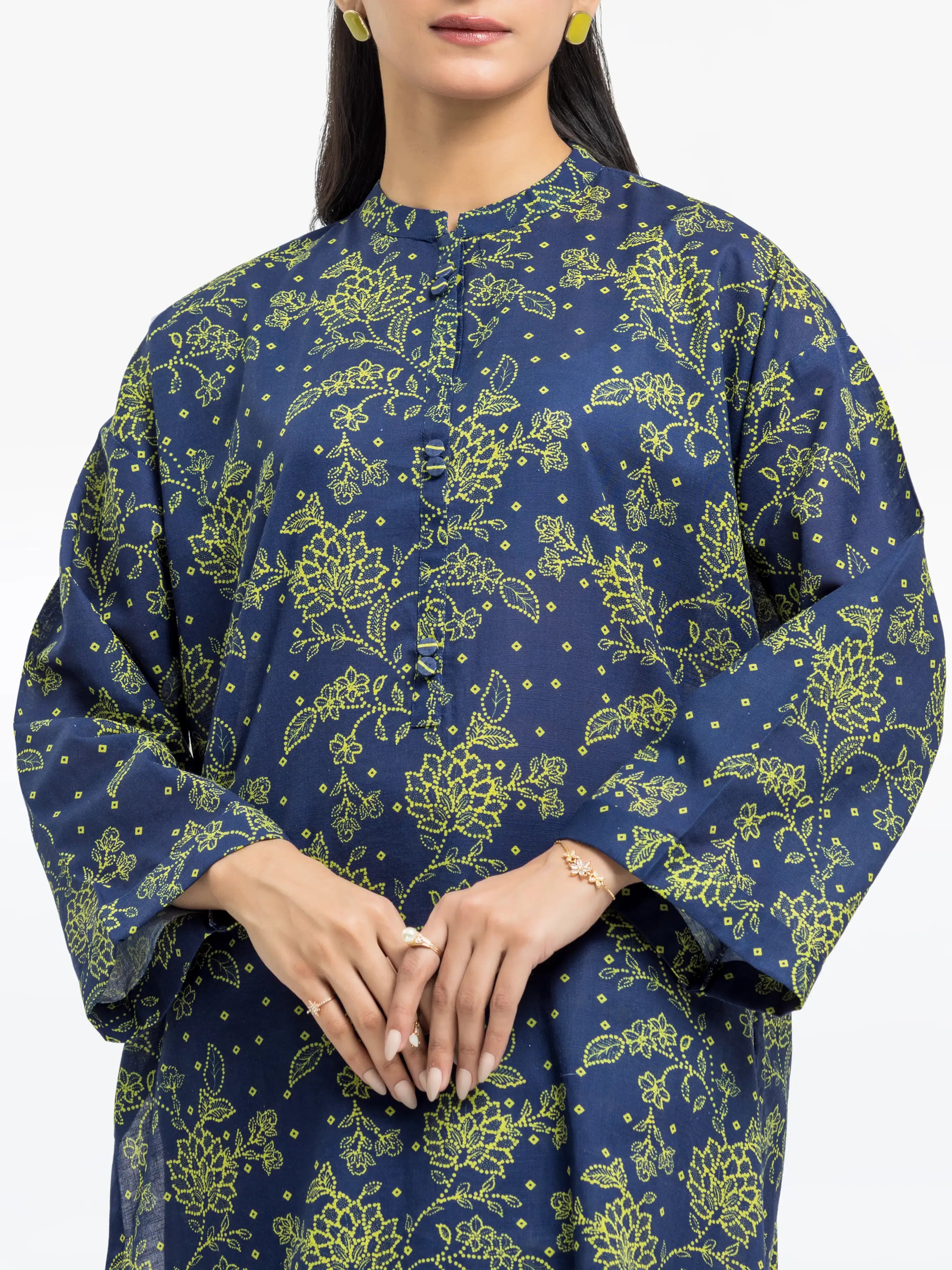 Edenrobe Pret 2Pc Printed Khaddar Co-Ord Set in Navy Blue with Green Floral Design