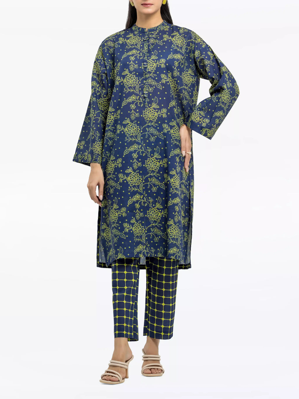 Edenrobe Pret 2Pc Printed Khaddar Co-Ord Set in Navy Blue with Green Floral Design