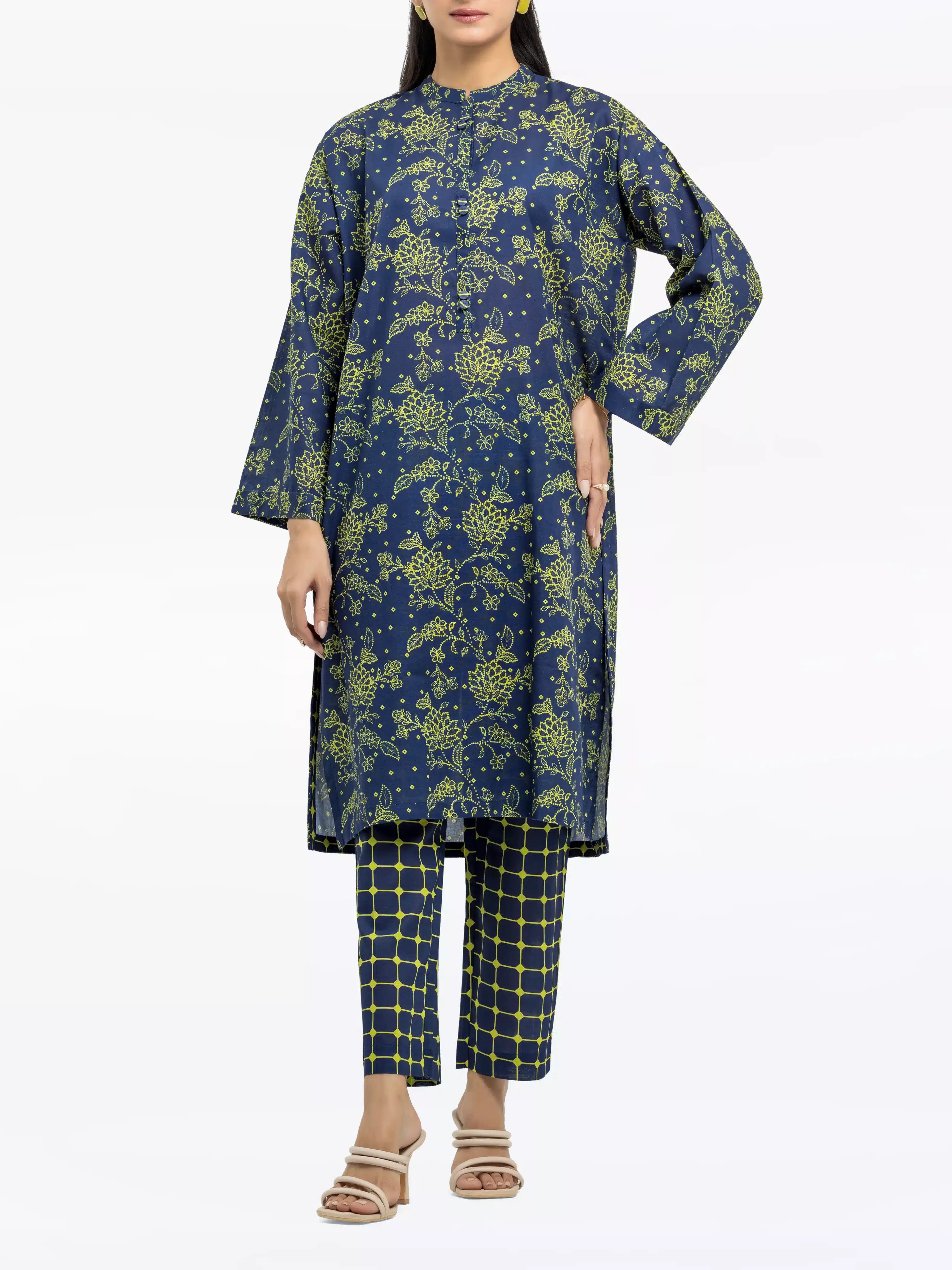 Edenrobe Pret 2Pc Printed Khaddar Co-Ord Set in Navy Blue with Green Floral Design