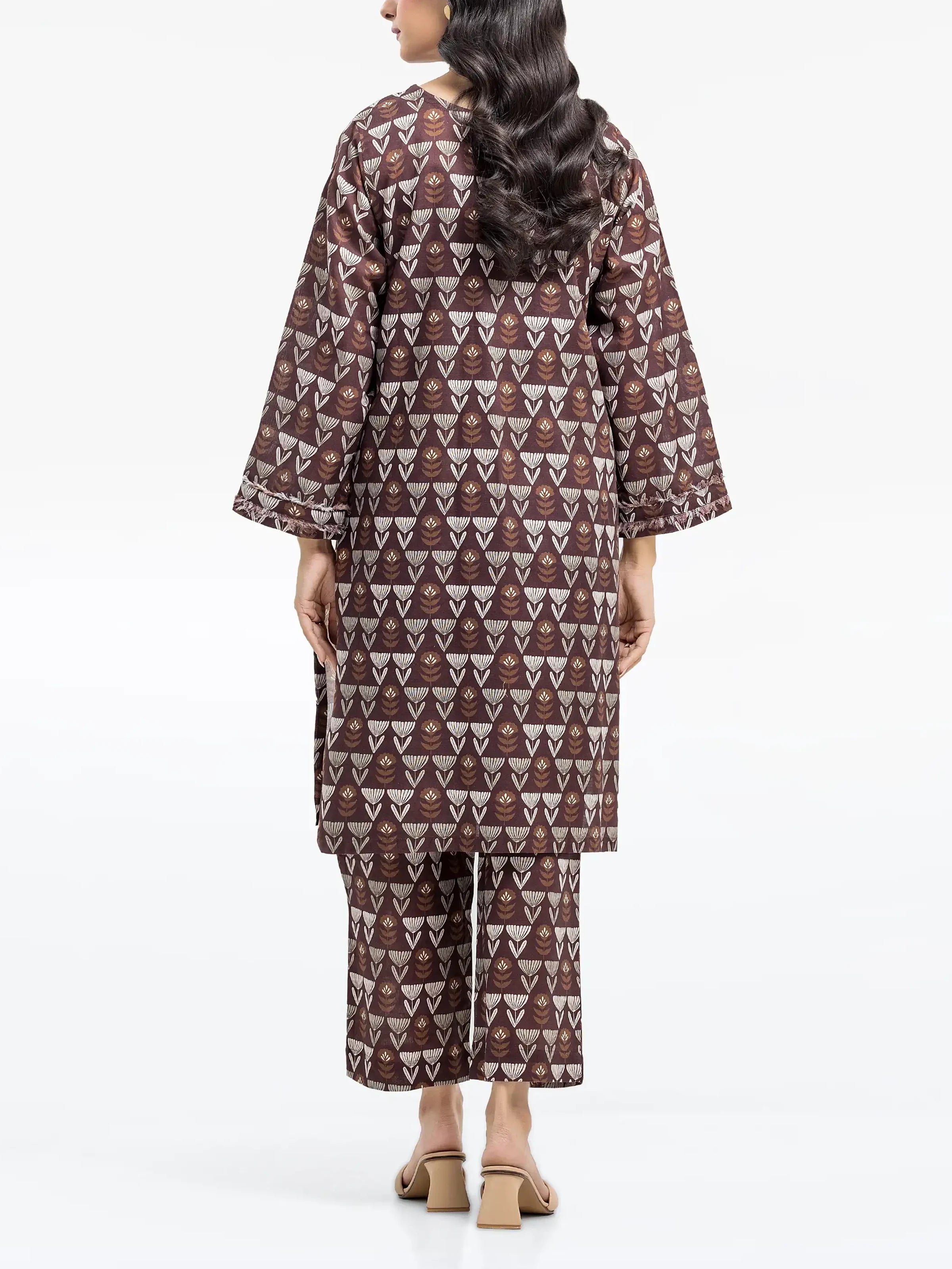 Edenrobe Pret 2Pc Printed Khaddar Co-Ord Set in Brown with Flower Pattern