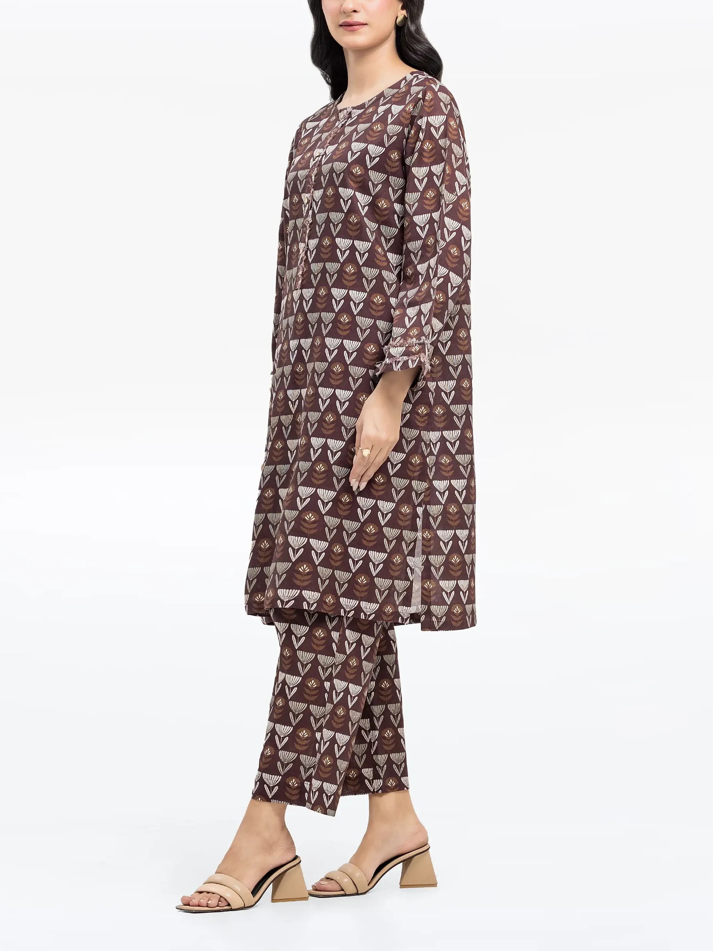 Edenrobe Pret 2Pc Printed Khaddar Co-Ord Set in Brown with Flower Pattern