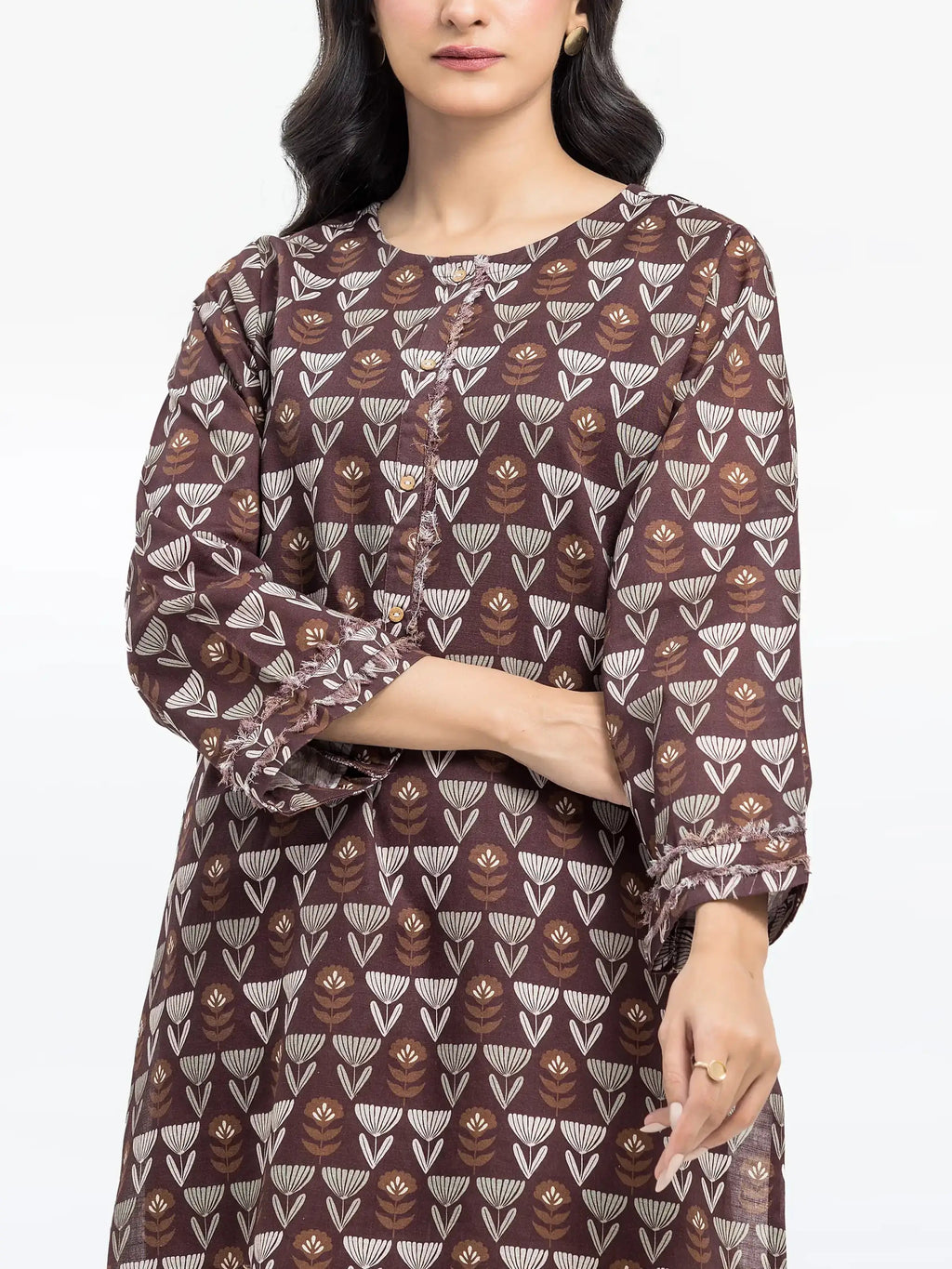 Edenrobe Pret 2Pc Printed Khaddar Co-Ord Set in Brown with Flower Pattern