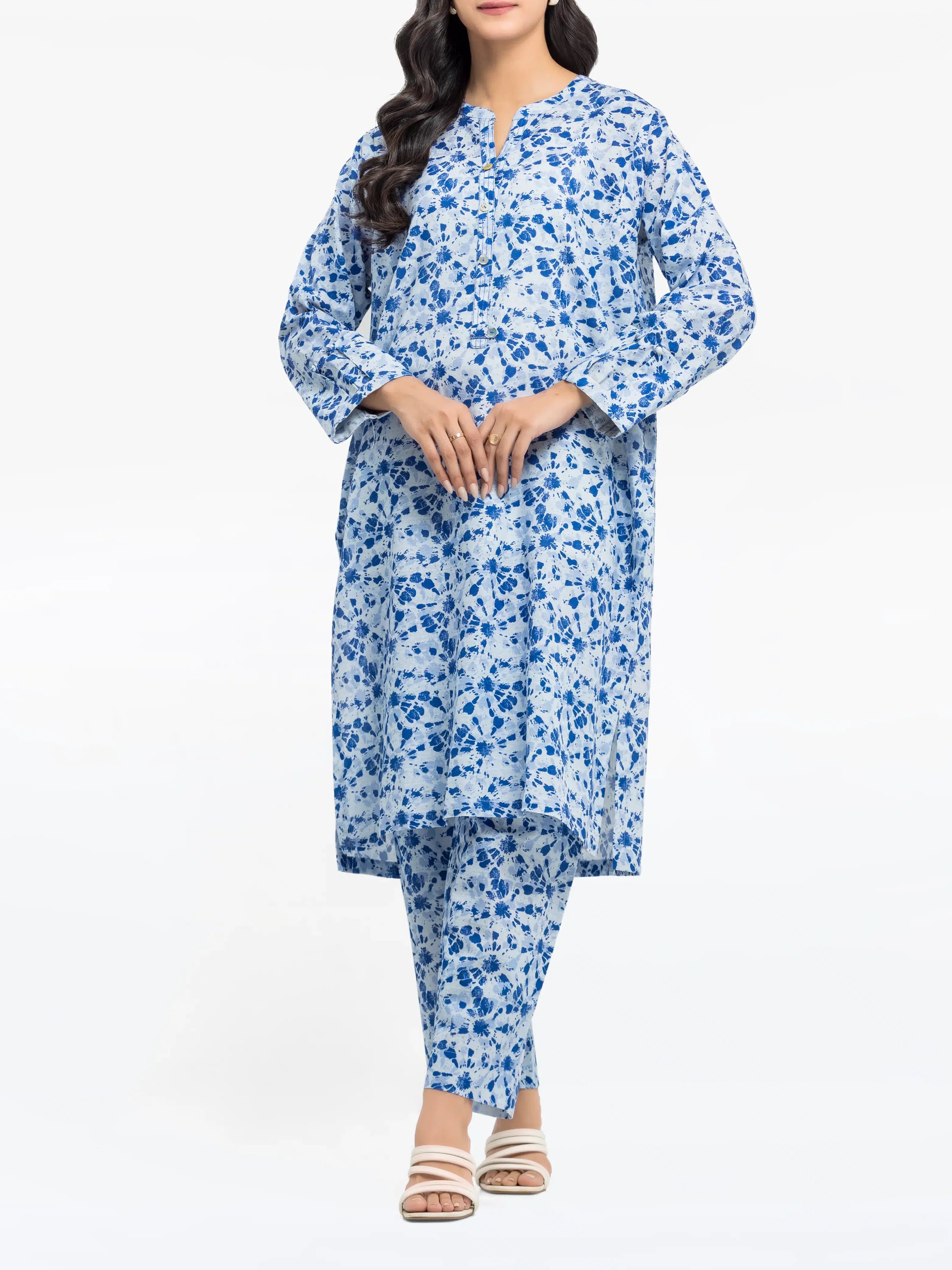 Edenrobe Pret 2Pc Printed Khaddar Co-Ord Set in Blue Floral Design