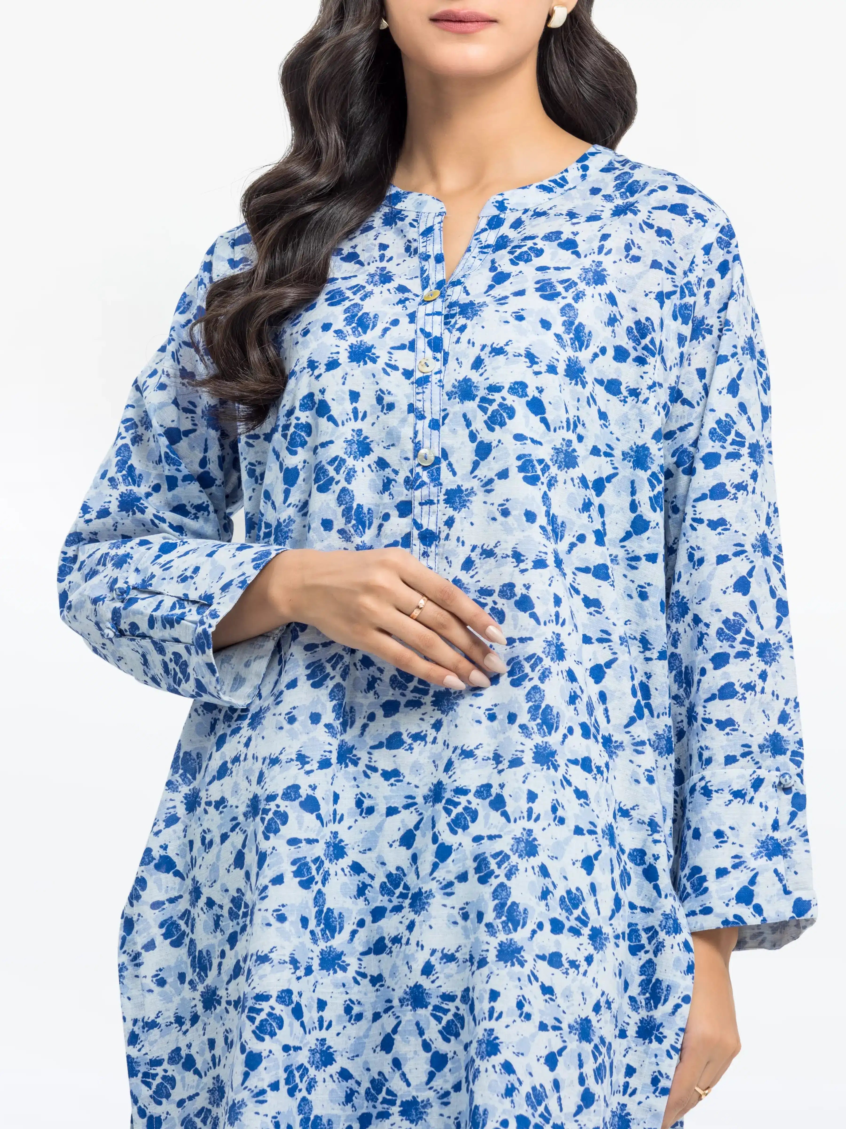 Edenrobe Pret 2Pc Printed Khaddar Co-Ord Set in Blue Floral Design