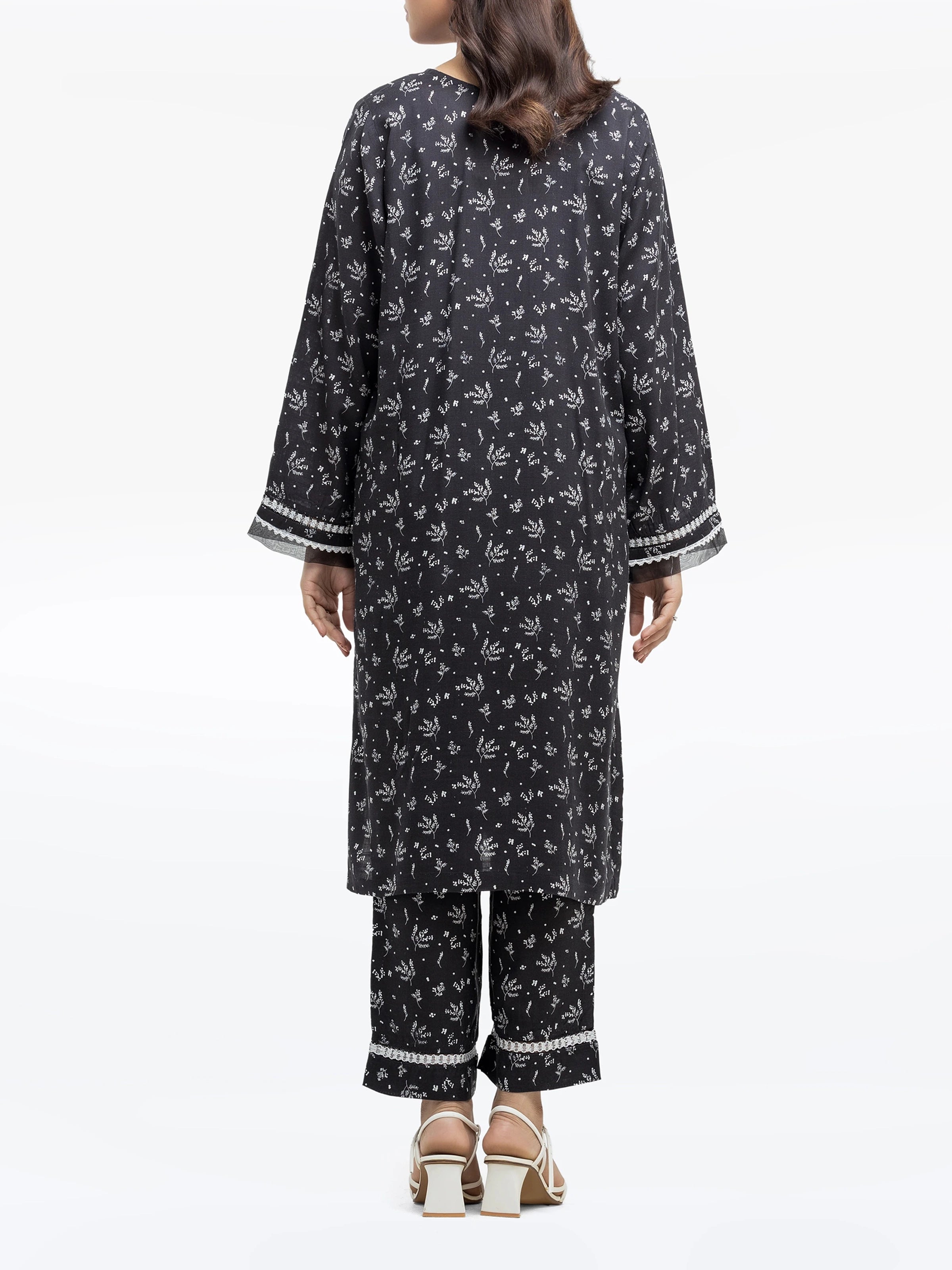 Edenrobe Pret 2Pc Printed Raw Silk Co-Ord Set in Black with Floral Patterns