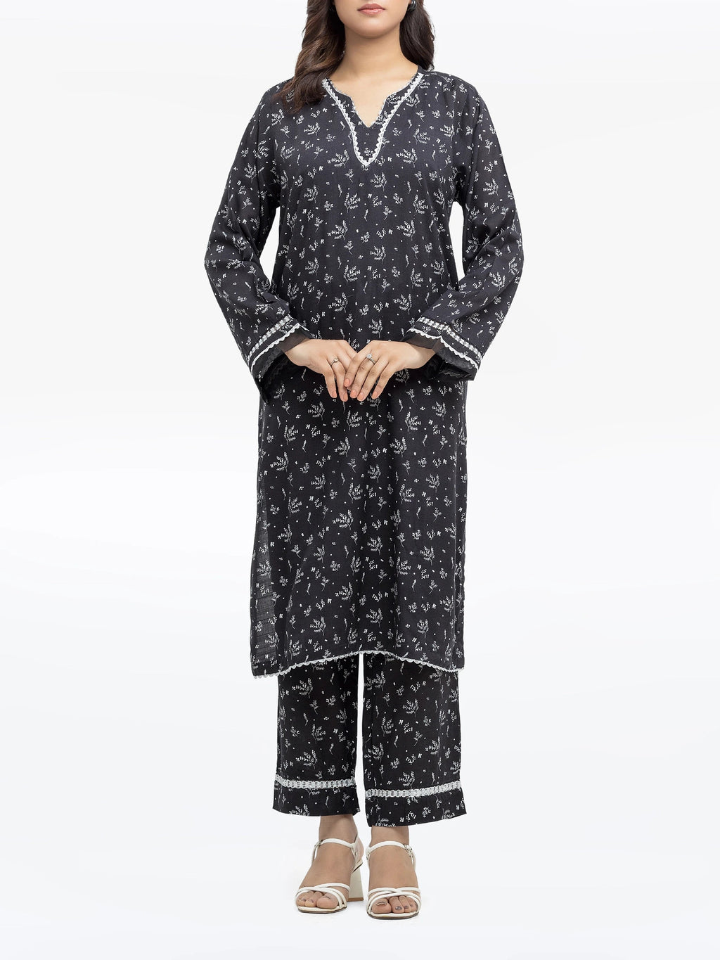 Edenrobe Pret 2Pc Printed Raw Silk Co-Ord Set in Black with Floral Patterns