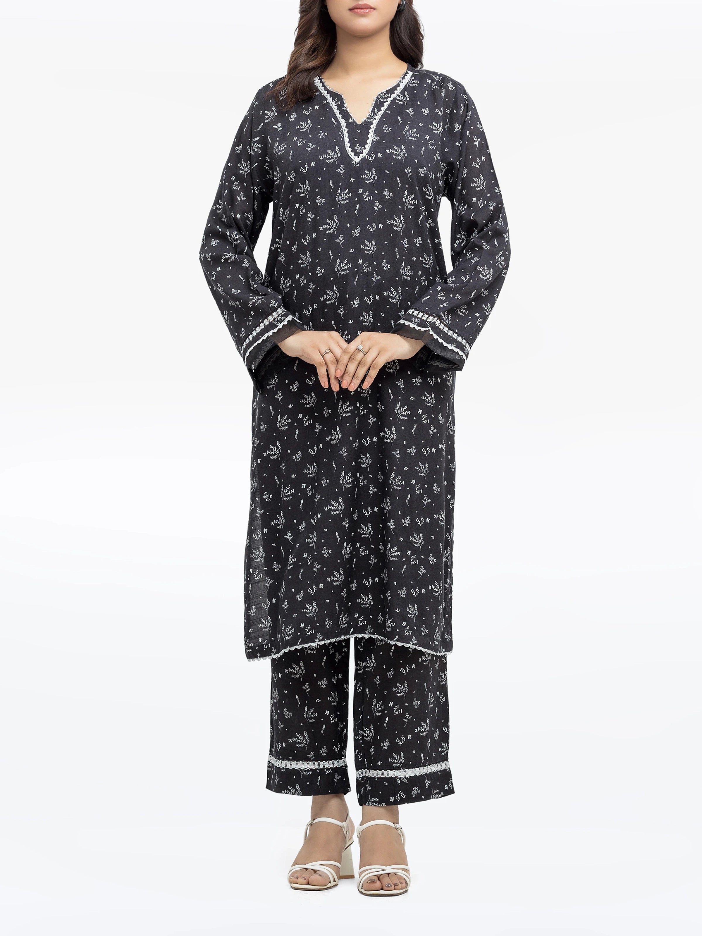 Edenrobe Pret 2Pc Printed Raw Silk Co-Ord Set in Black with Floral Patterns