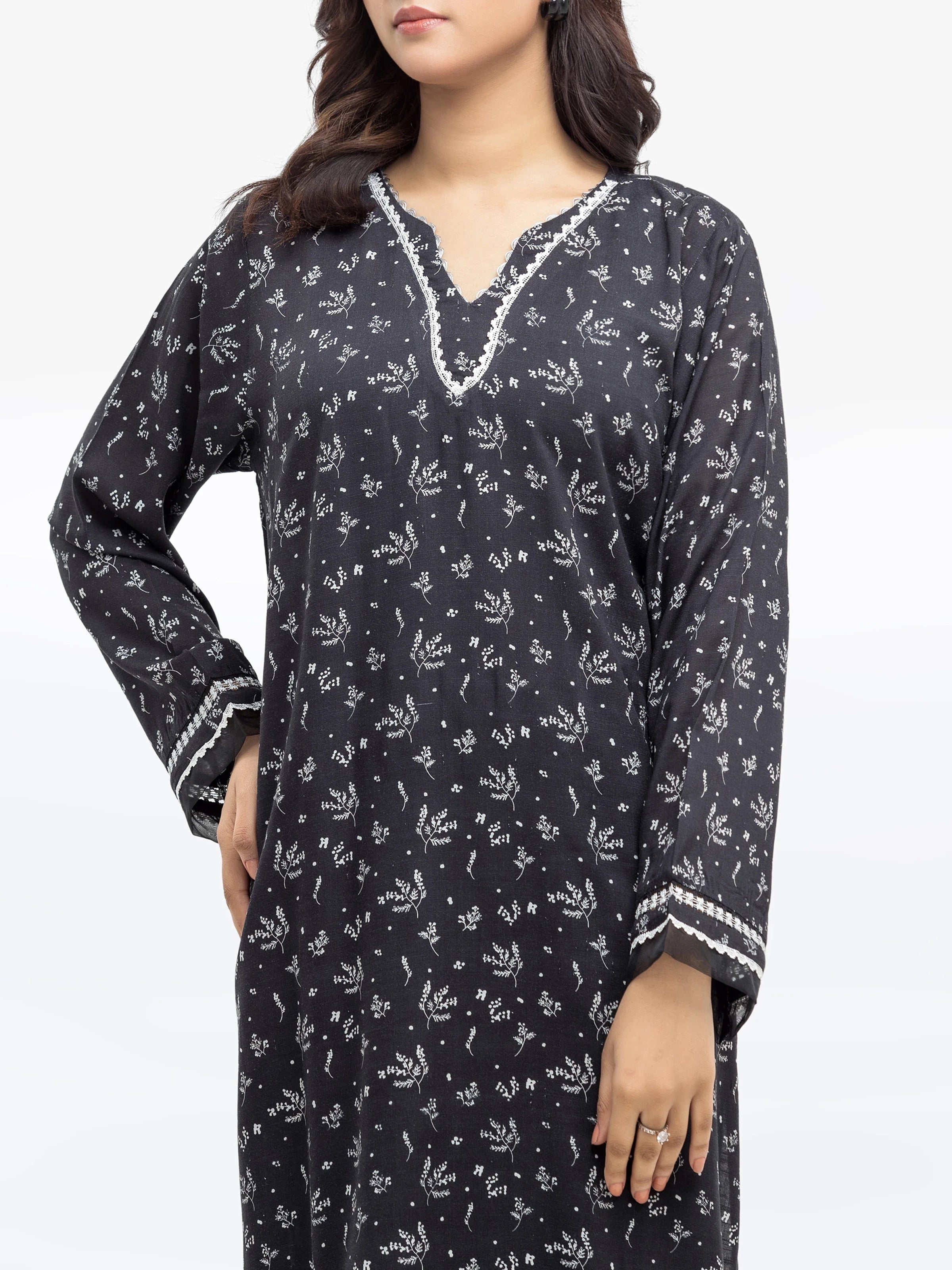 Edenrobe Pret 2Pc Printed Raw Silk Co-Ord Set in Black with Floral Patterns