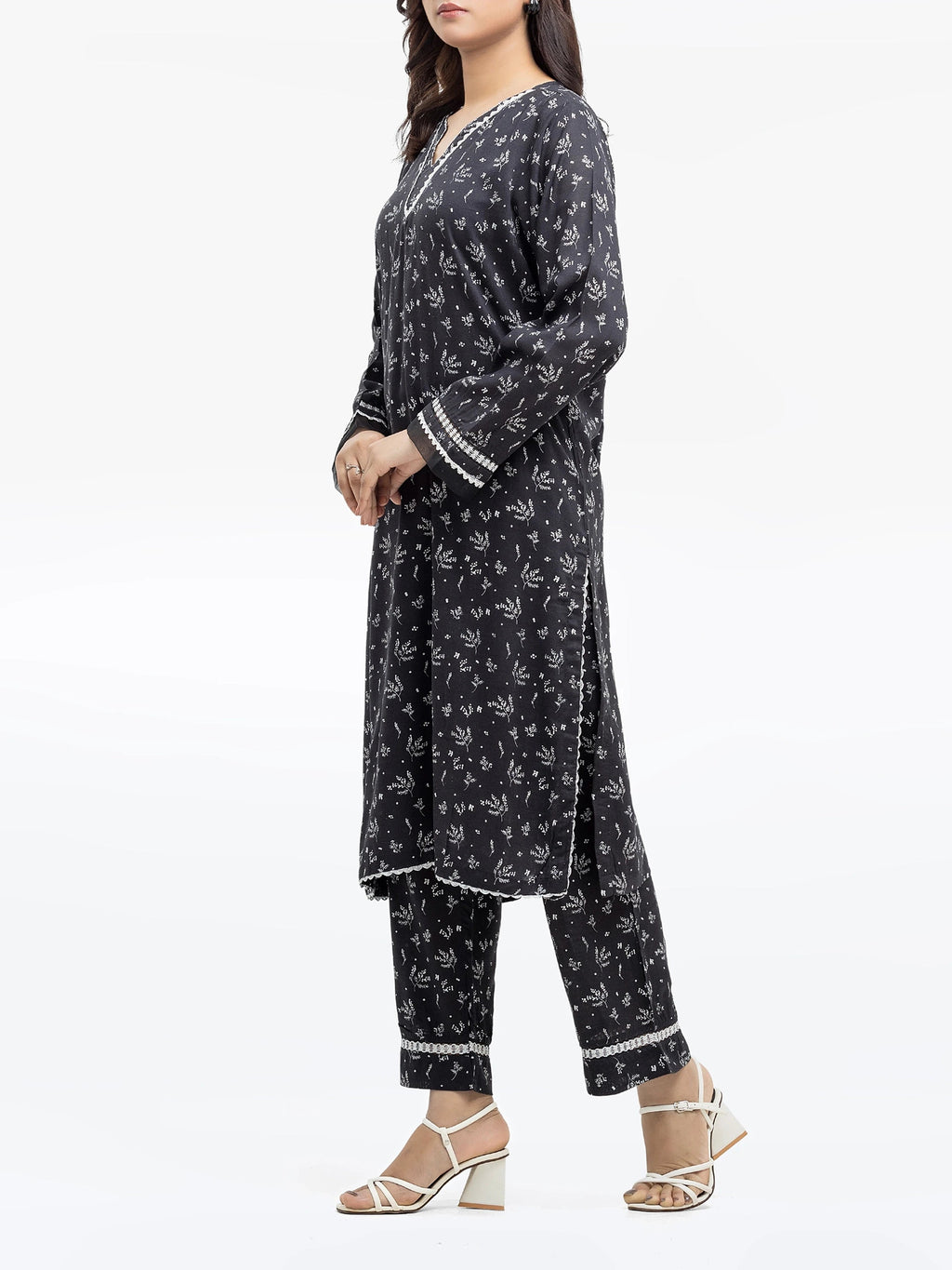 Edenrobe Pret 2Pc Printed Raw Silk Co-Ord Set in Black with Floral Patterns