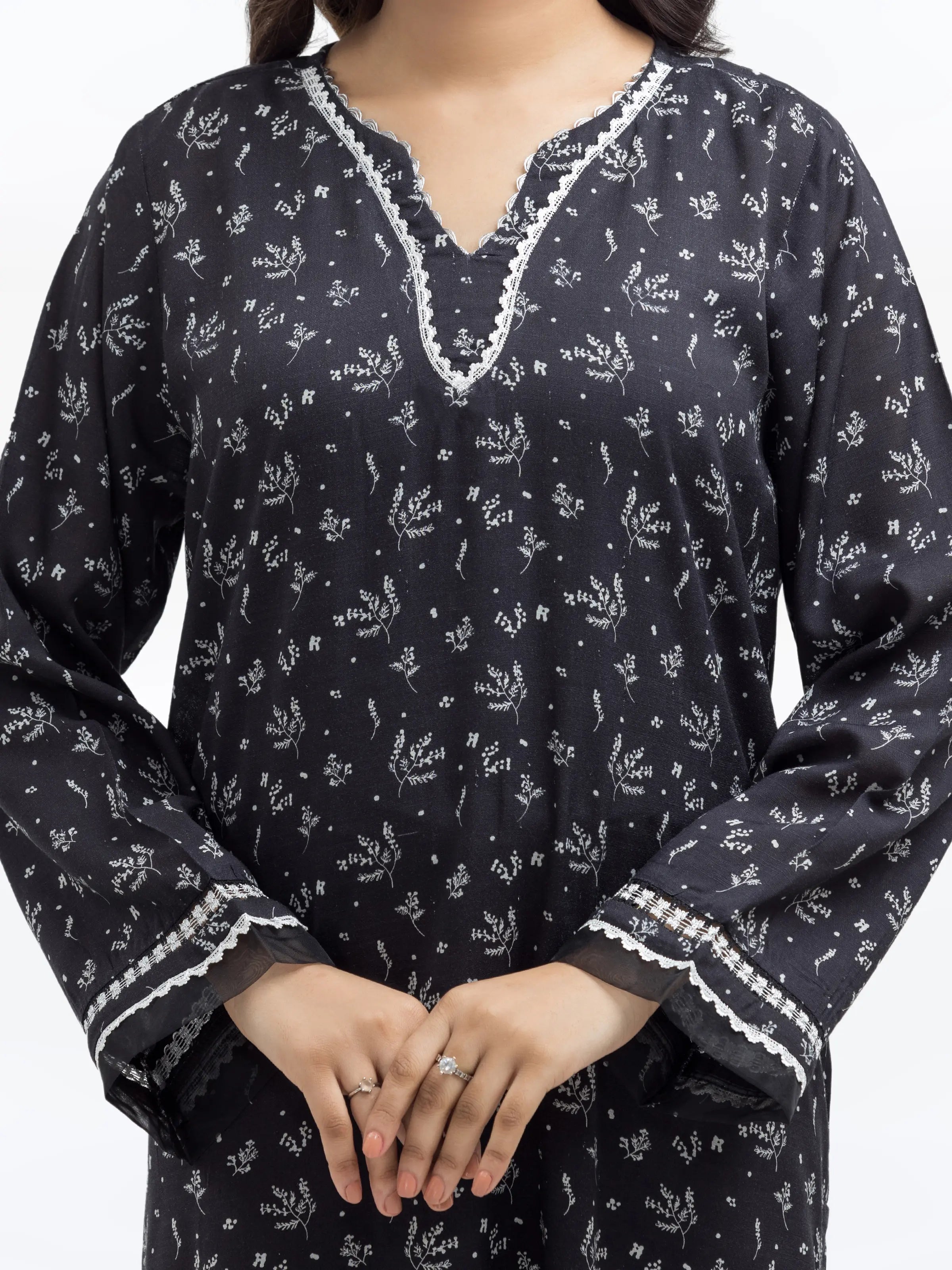 Edenrobe Pret 2Pc Printed Raw Silk Co-Ord Set in Black with Floral Patterns