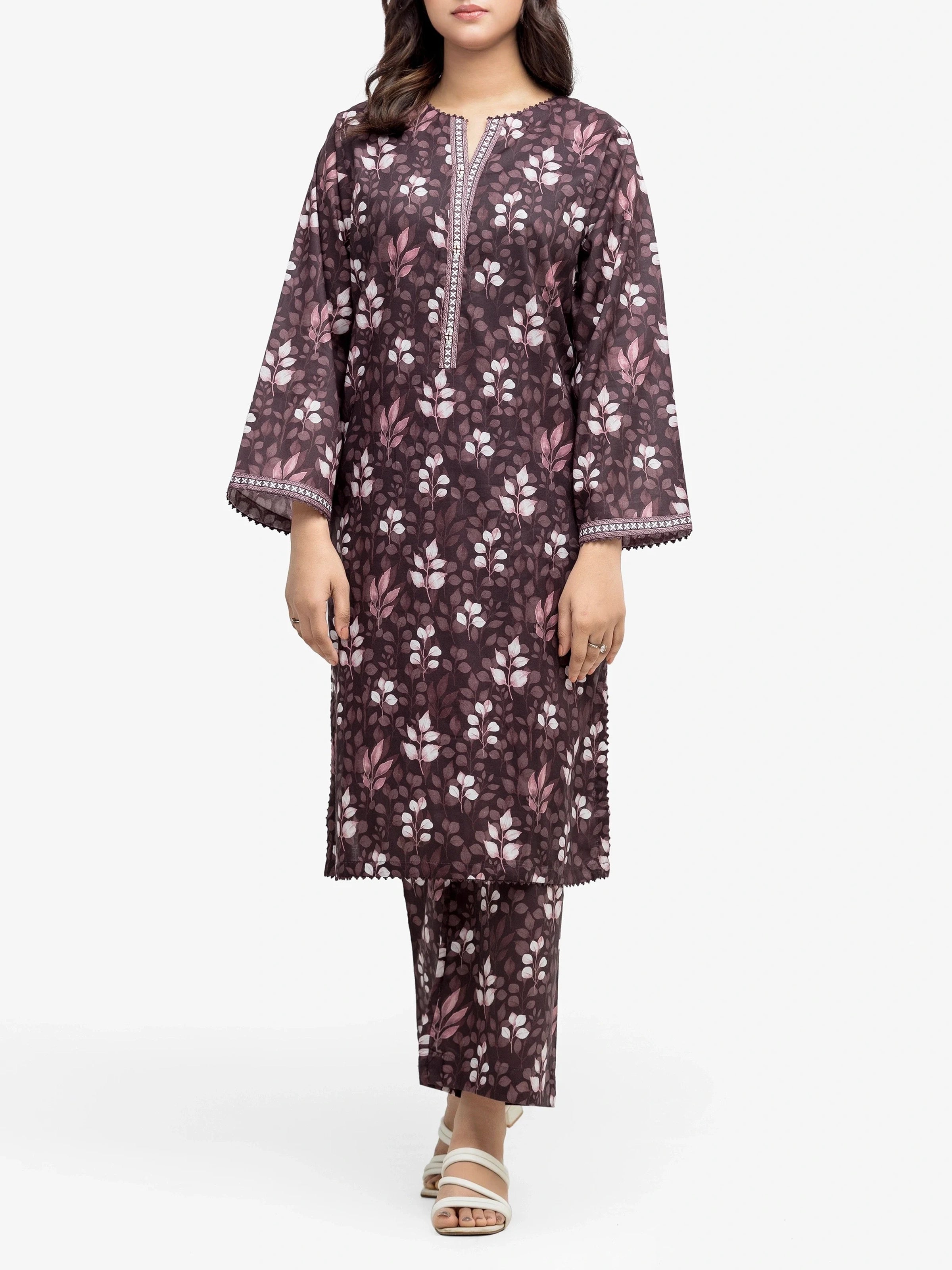 Edenrobe Pret 2Pc Printed Cambric Co-Ord Set in Plum Floral Design