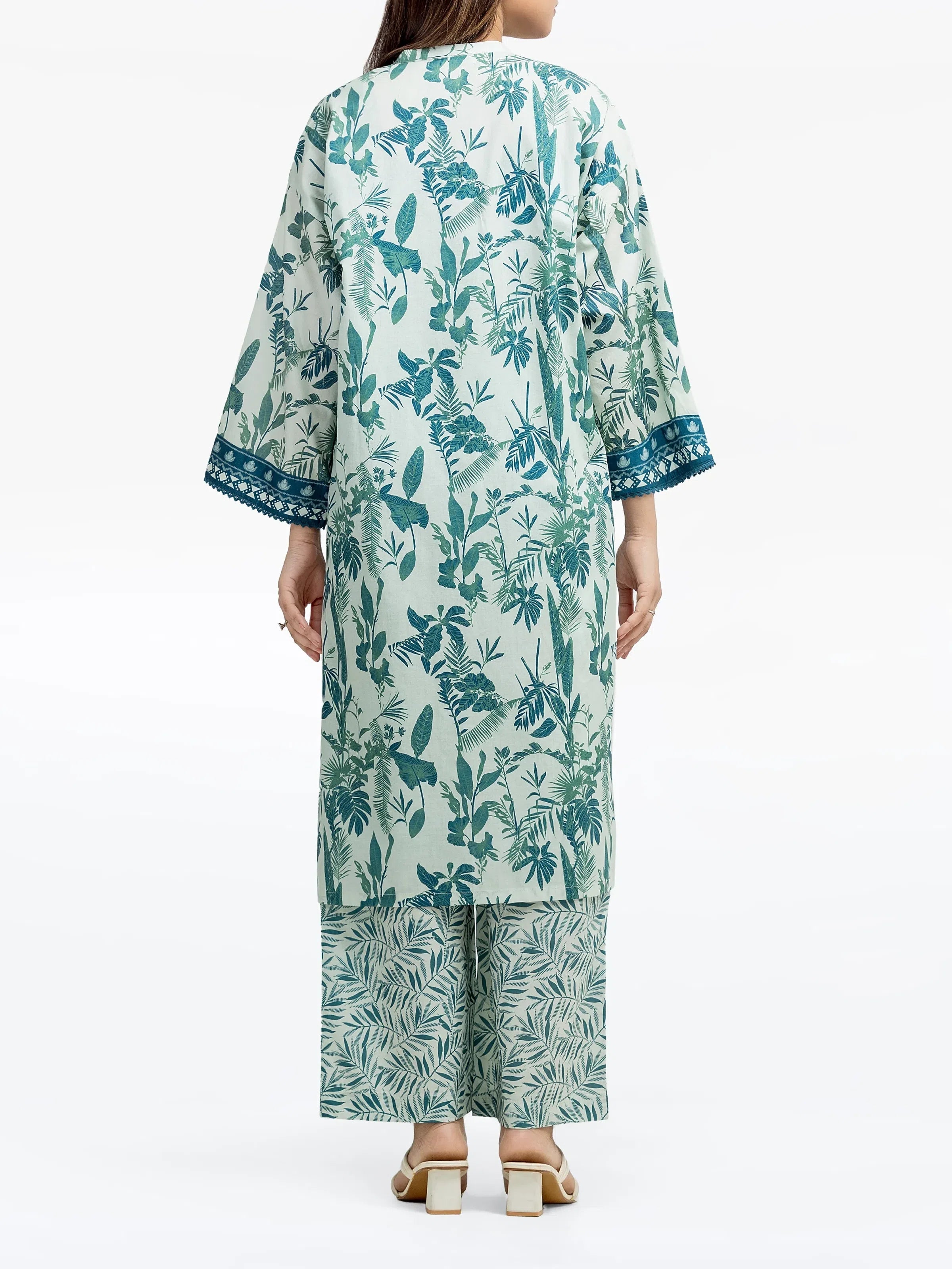 Edenrobe Pret 2Pc Printed Cambric Shirt Trouser in Green Leaf Pattern