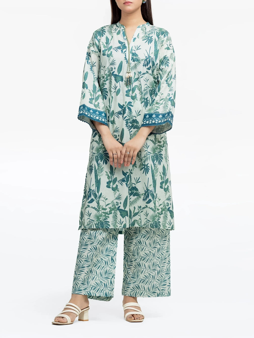 Edenrobe Pret 2Pc Printed Cambric Shirt Trouser in Green Leaf Pattern