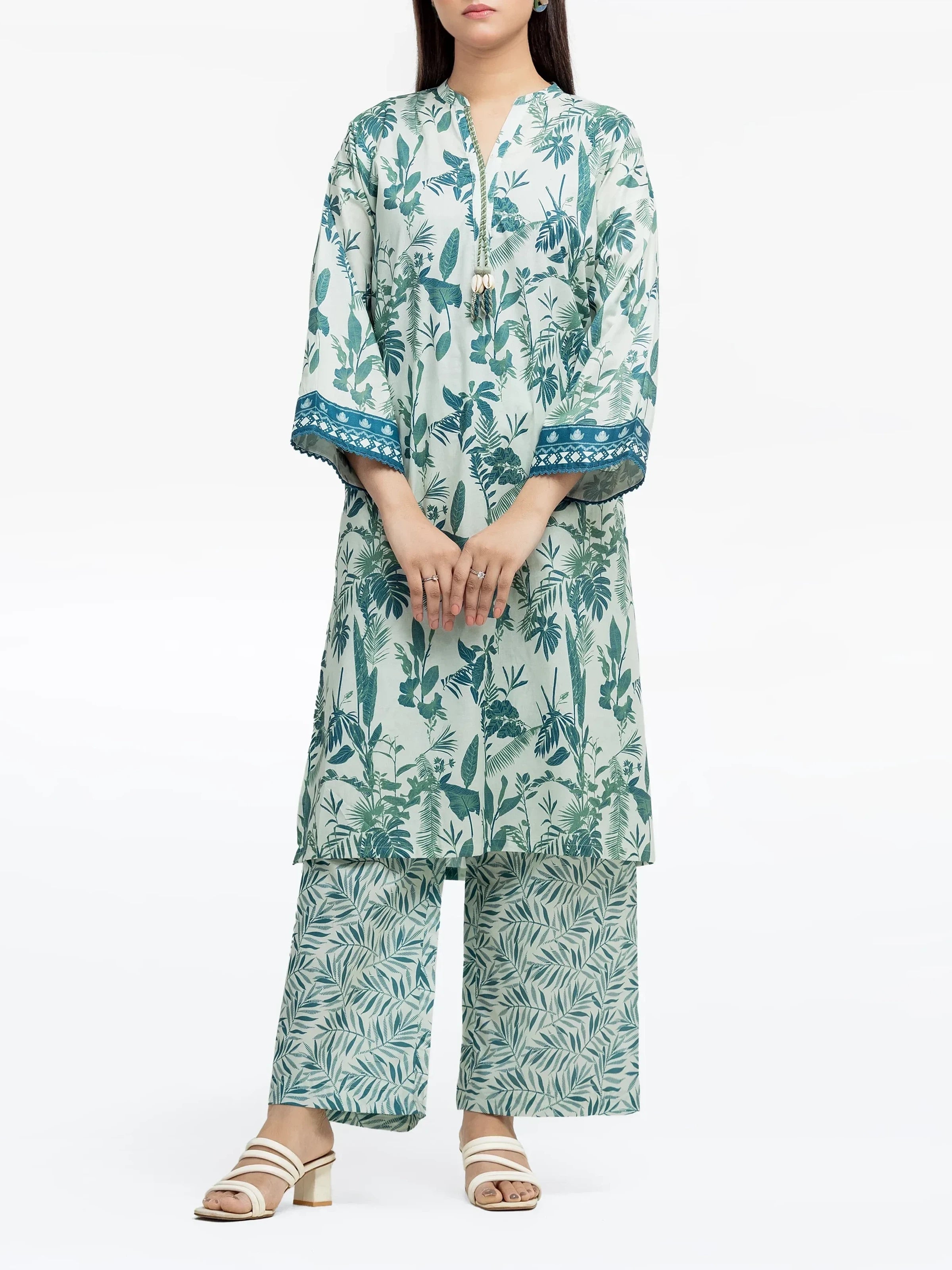 Edenrobe Pret 2Pc Printed Cambric Shirt Trouser in Green Leaf Pattern
