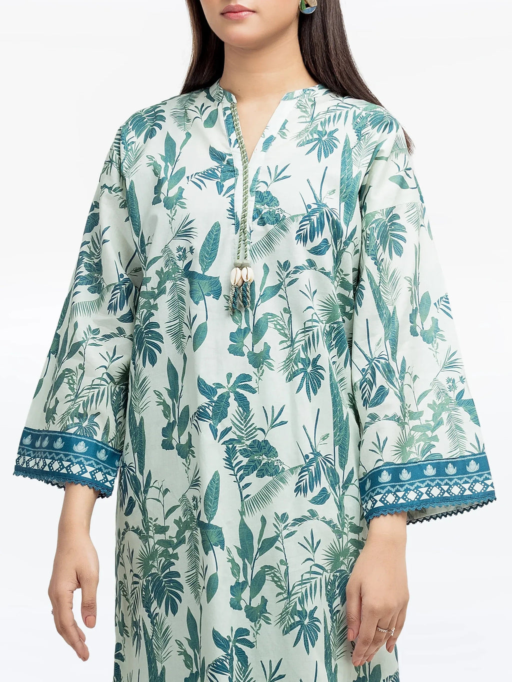 Edenrobe Pret 2Pc Printed Cambric Shirt Trouser in Green Leaf Pattern