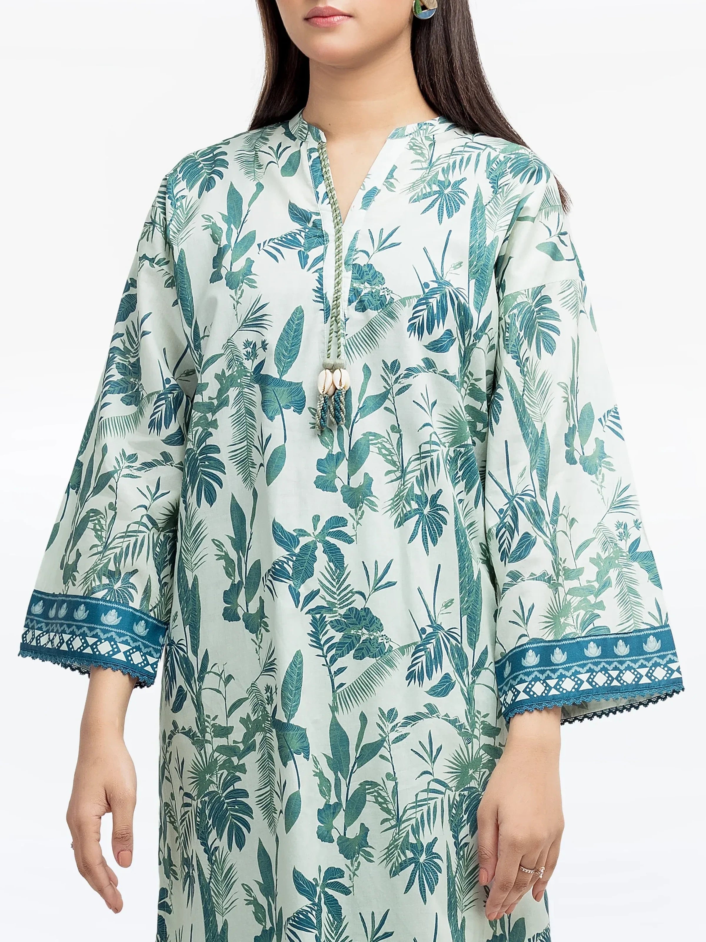 Edenrobe Pret 2Pc Printed Cambric Shirt Trouser in Green Leaf Pattern