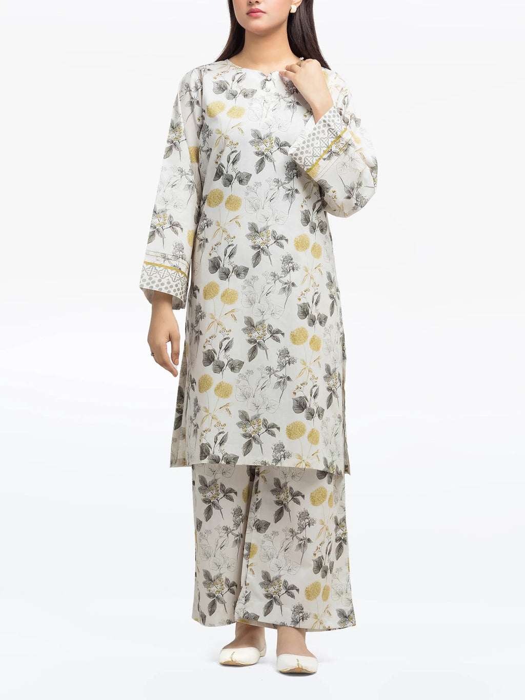 Edenrobe Pret 2Pc Printed Cambric Cream Co-Ord Set in Floral Design