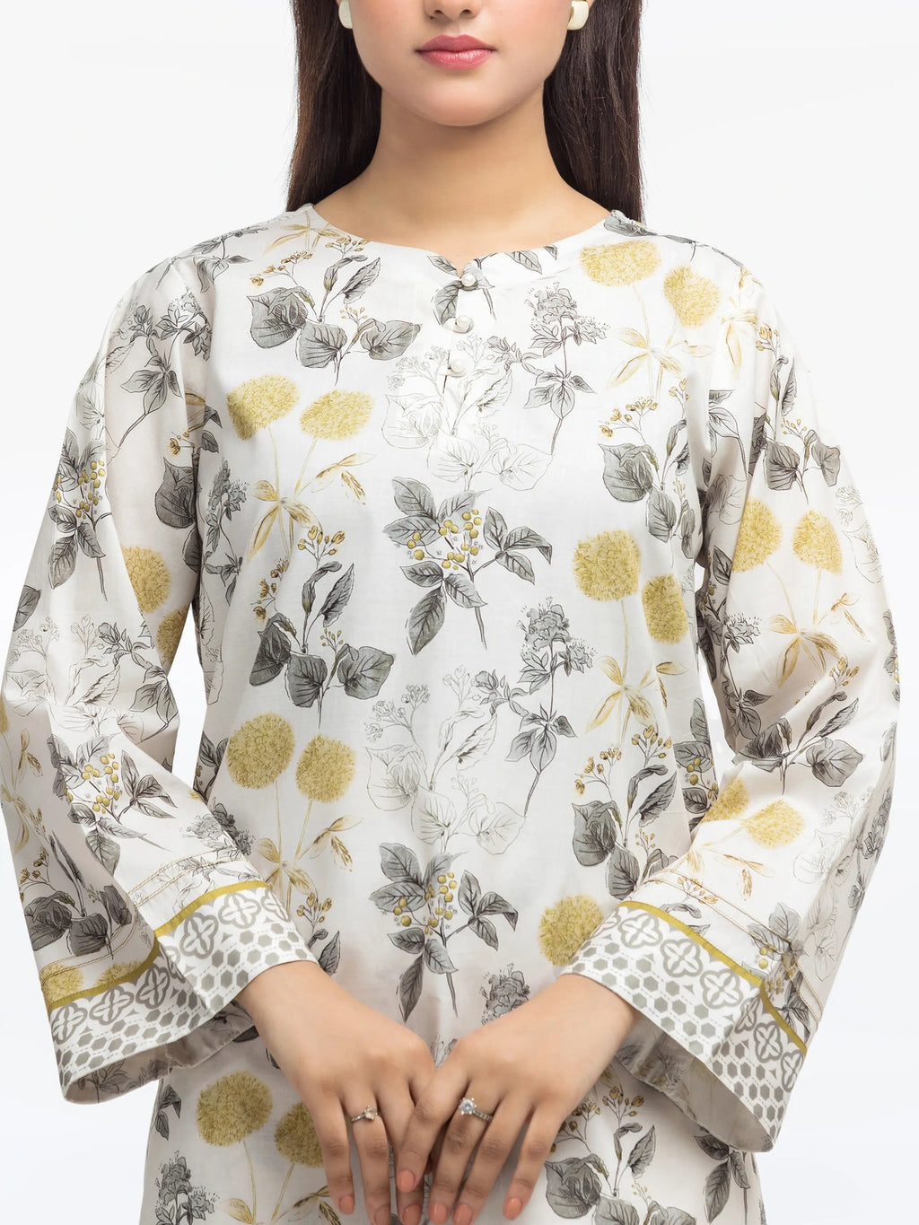 Edenrobe Pret 2Pc Printed Cambric Cream Co-Ord Set in Floral Design