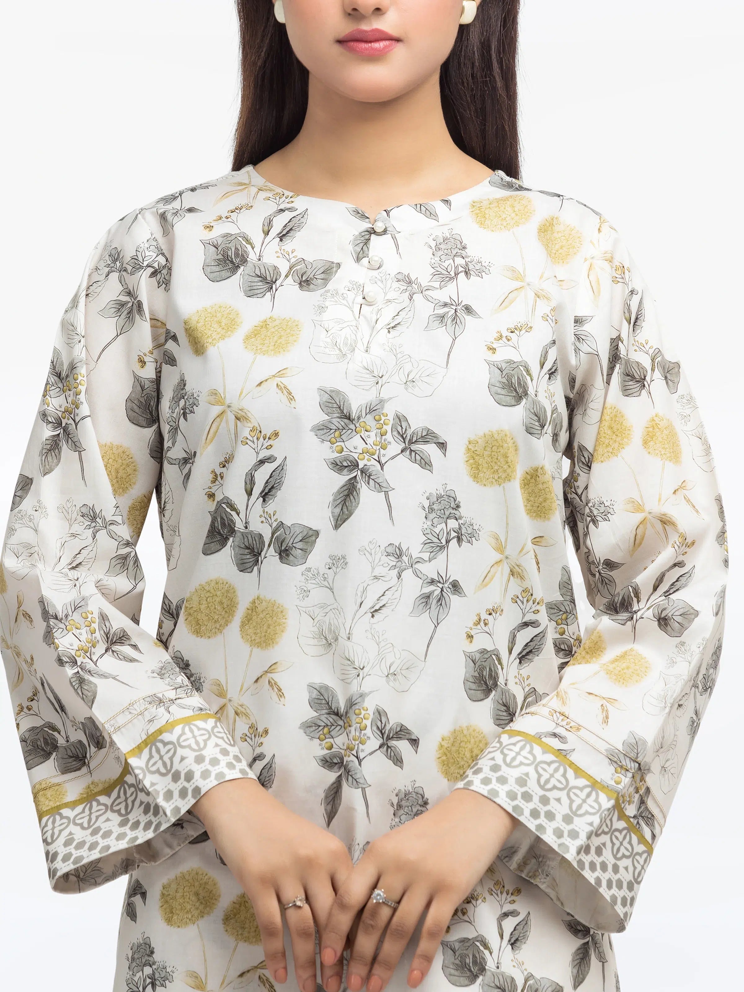 Edenrobe Pret 2Pc Printed Cambric Cream Co-Ord Set in Floral Design