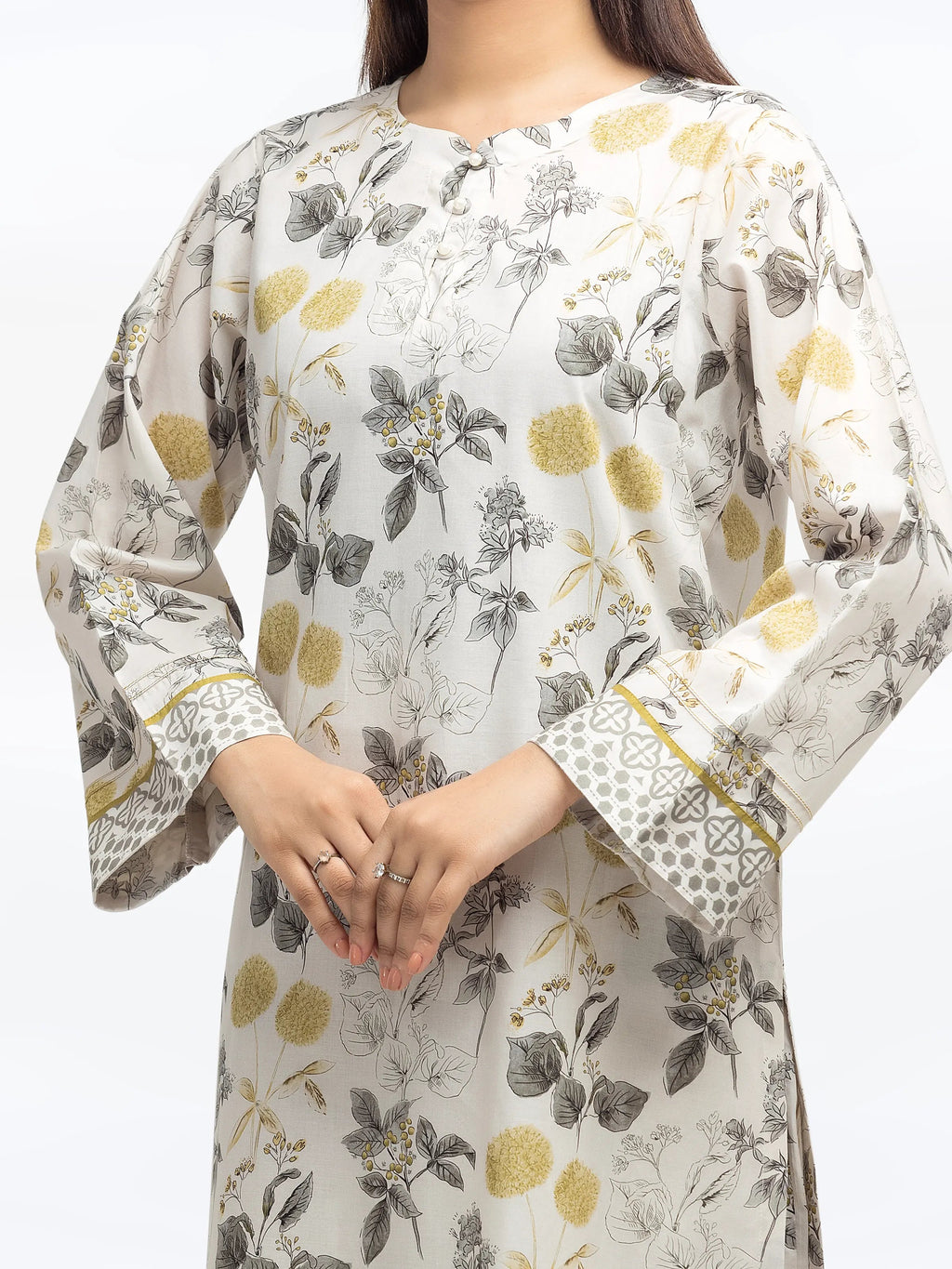 Edenrobe Pret 2Pc Printed Cambric Cream Co-Ord Set in Floral Design