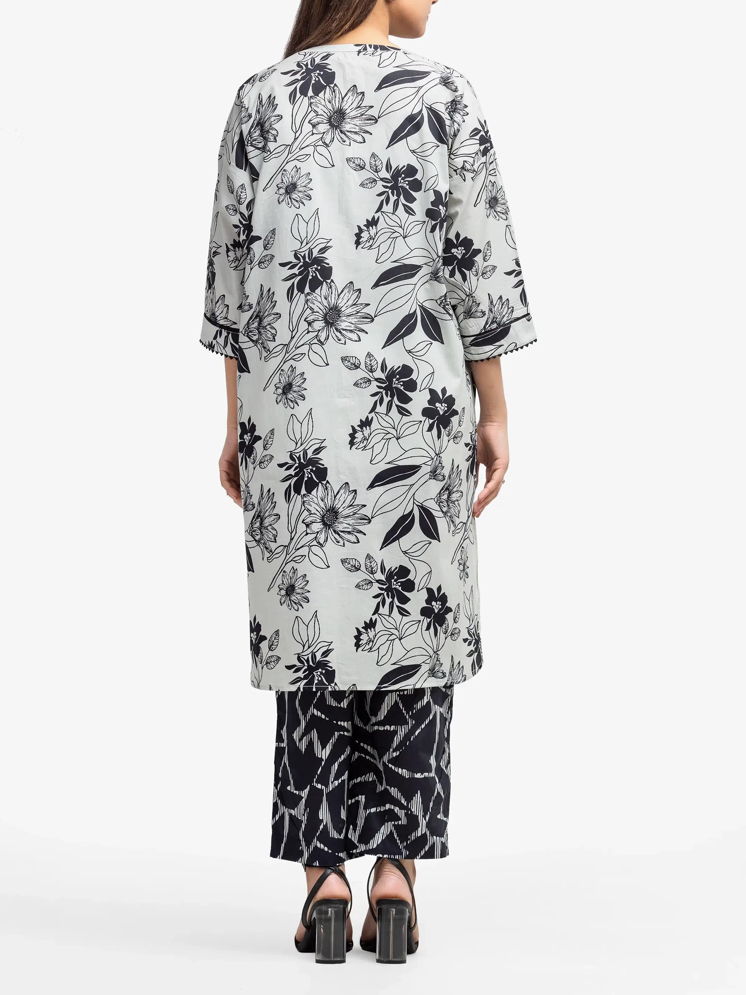 Edenrobe Pret 2Pc Printed Cambric Shirt Trouser in Black & Grey